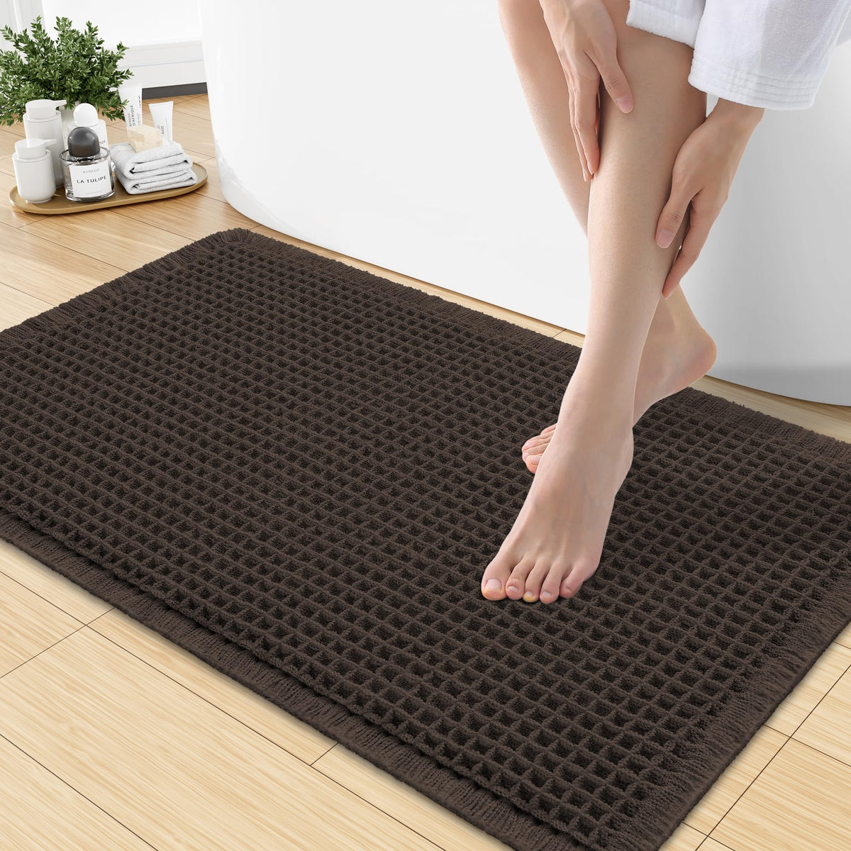 Smiry Waffle Bath Mat 30X20, Extra Soft Absorbent Bathroom Rugs, Brown