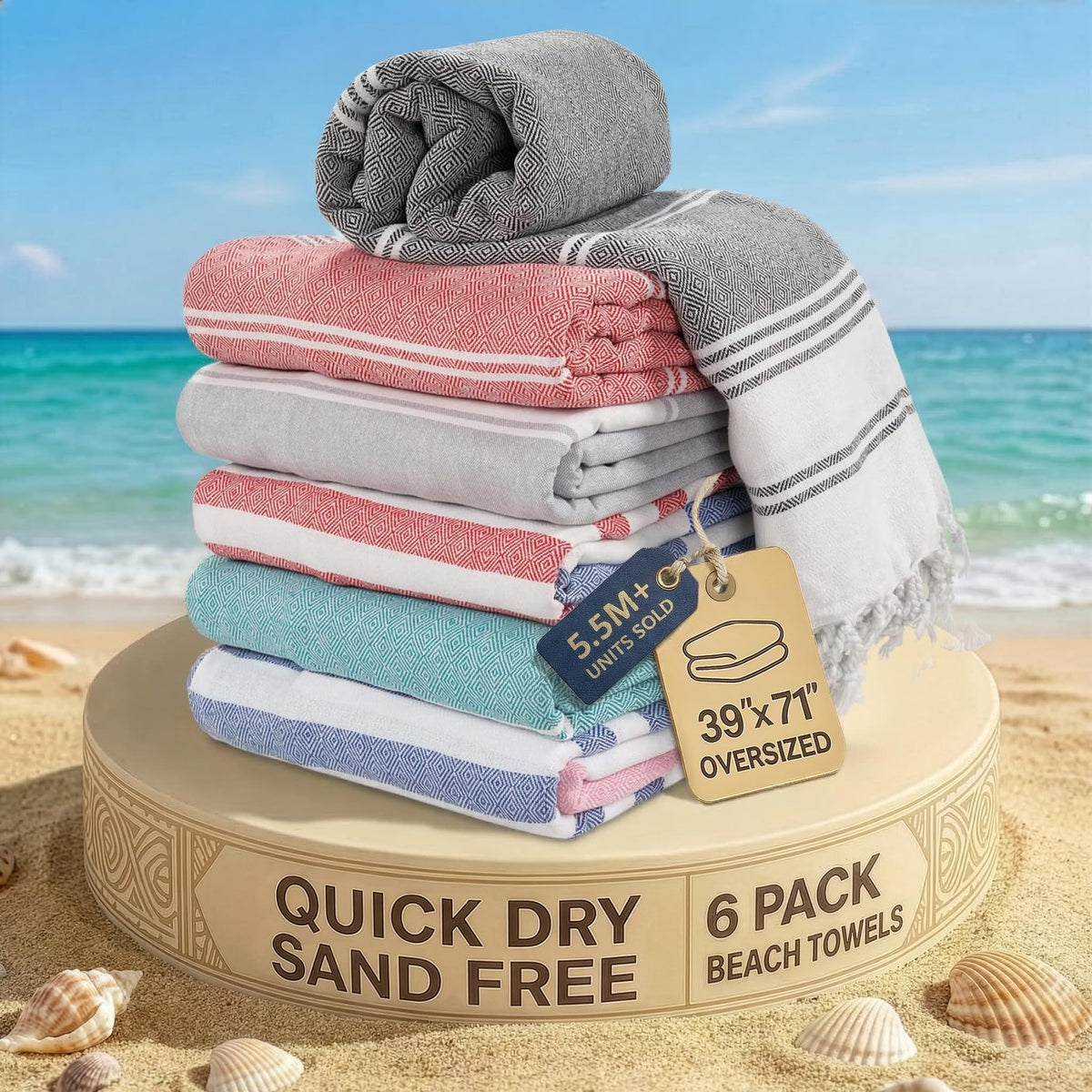 LANE LINEN Turkish Towels 6 Pcs, Beach Towels Oversized, Soft - Beach Party