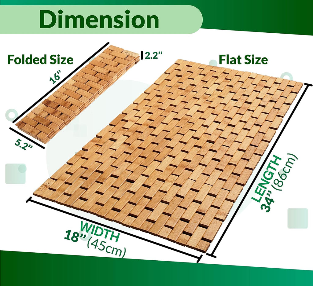 Bamboo Bath Mat, 34 x 18 Inch Foldable Roll-Up Wood Bathmat