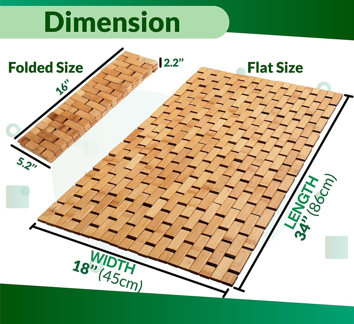 Bamboo Bath Mat, 34 x 18 Inch Foldable Roll-Up Wood Bathmat