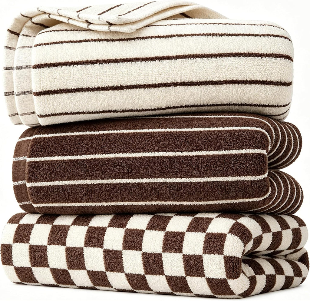 100% Cotton Striped Hand Towels Set, 3pcs Towels for Bathroom Brown