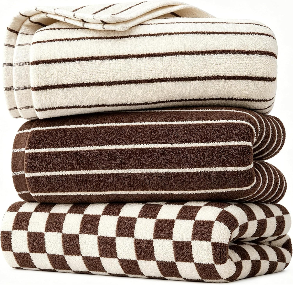 100% Cotton Striped Hand Towels Set, 3pcs Towels for Bathroom Brown
