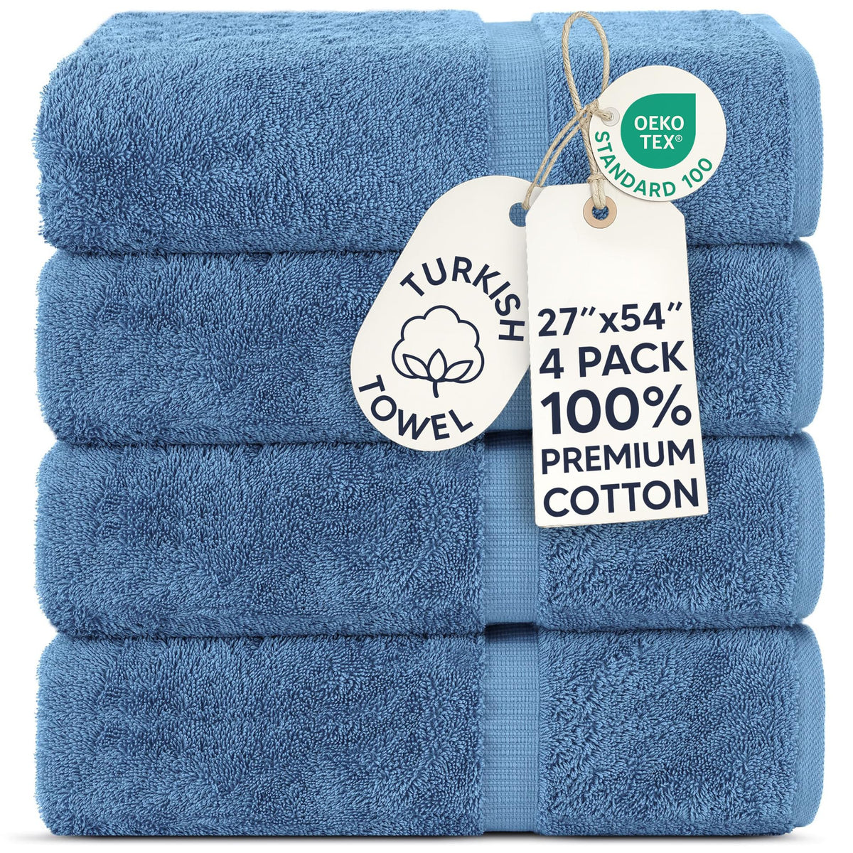 Chakir Turkish Linens 100% Cotton 4-Pack Bath Towels 27x54, Gray