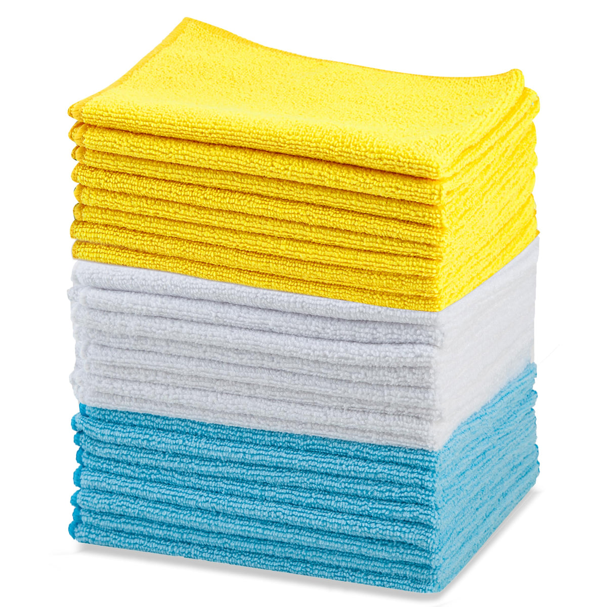 Amazon Basics Microfiber Cleaning Cloths for Cars, Non-Abrasive, Highly Absorbent, Lint and Scratch-Free, Reusable and Washable, Car Detailing Towels, 16" x 12", Blue/White/Yellow, 144-Pack