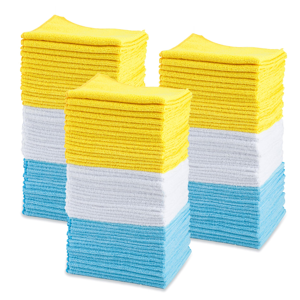 Amazon Basics Microfiber Cleaning Cloths for Cars, Non-Abrasive, Highly Absorbent, Lint and Scratch-Free, Reusable and Washable, Car Detailing Towels, 16" x 12", Blue/White/Yellow, 144-Pack