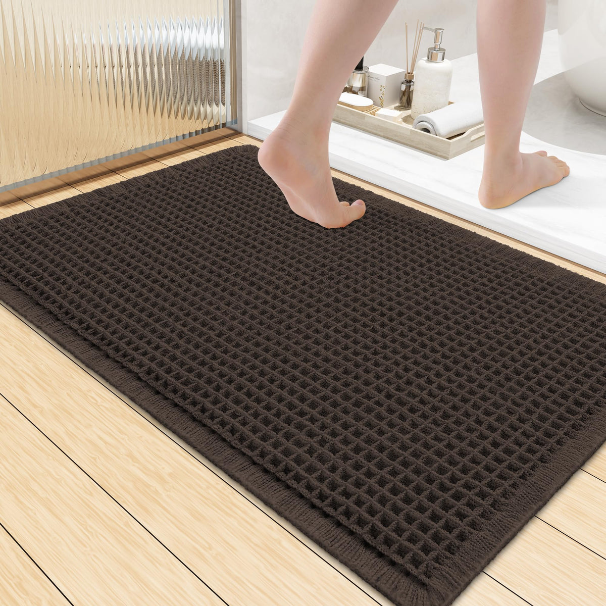 Smiry Waffle Bath Mat 30X20, Extra Soft Absorbent Bathroom Rugs, Brown