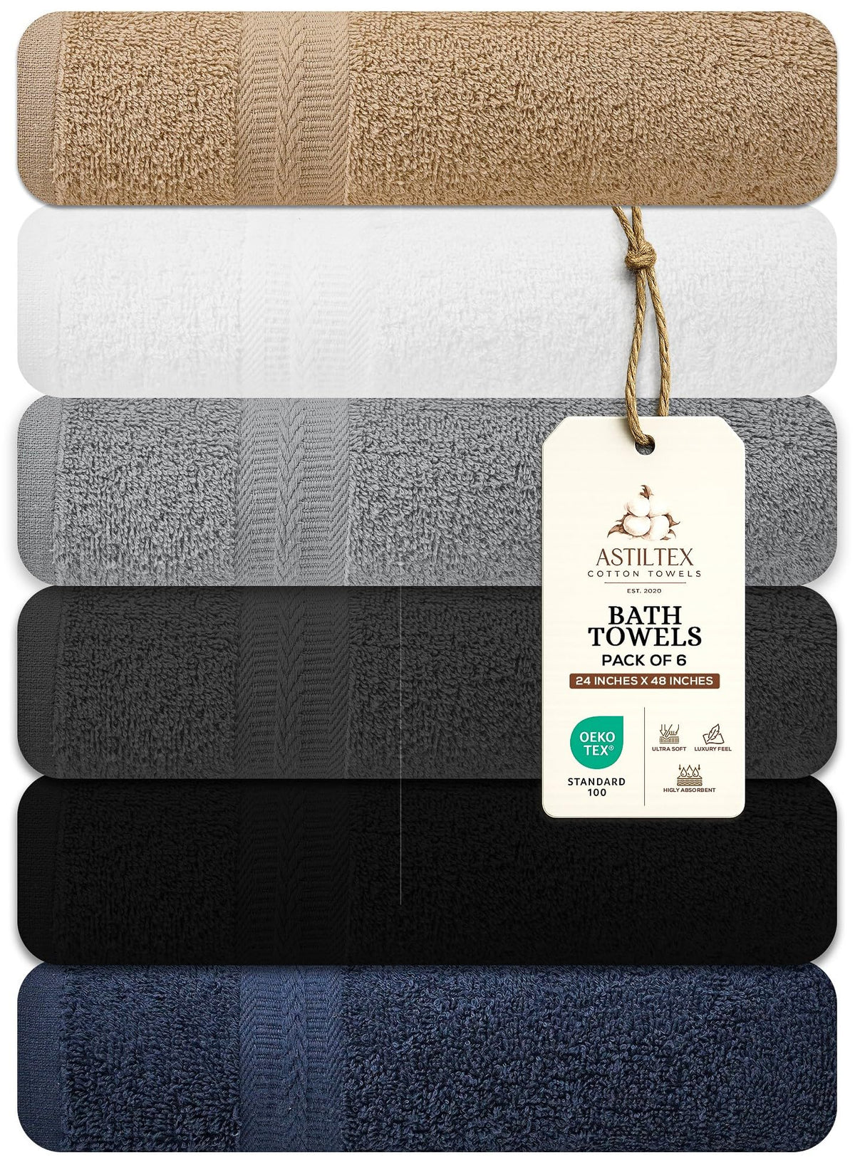 Bath Towels Pack of 6 – 24" x 48" – 100% Cotton Terry, Soft, Quick-Dry & Highly Absorbent – Black Towels for Bathroom, Spa, Gym, Hotel, Pool & Everyday Use