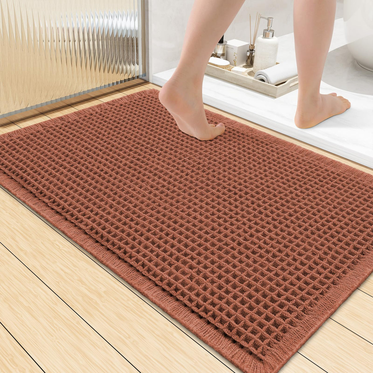 Smiry Waffle Bath Mat 30X20, Extra Soft Absorbent Bathroom Rugs, Brown