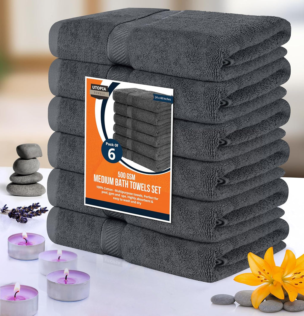 Utopia Towels 6 Pack Medium Bath Towels, 24x48 in, 500 GSM Cotton, Grey