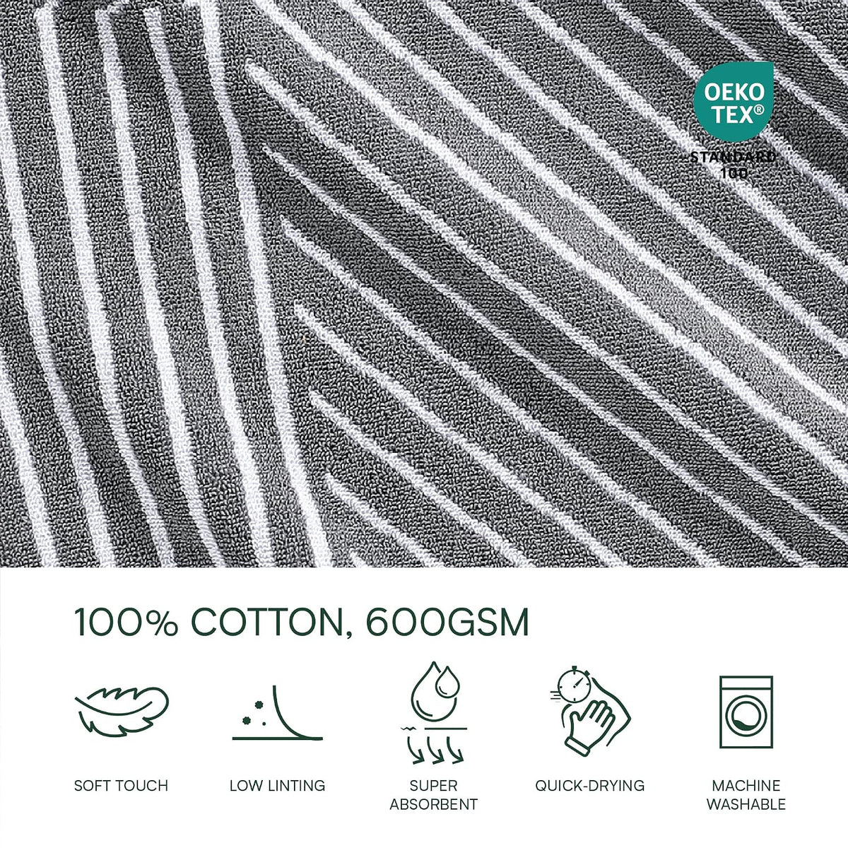 Lacoste Guethary Striped 100% Cotton Bath Towel, Meteorite, 30"x54"