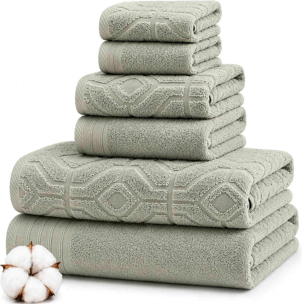 Modern Threads 6 Piece Bath Towel Set – Bathroom Towel Set with 2 Bath Towels, 2 Hand Towels & 2 Washcloths – 100% Cotton, Soft & Absorbent – Geometric (Soft Olive)
