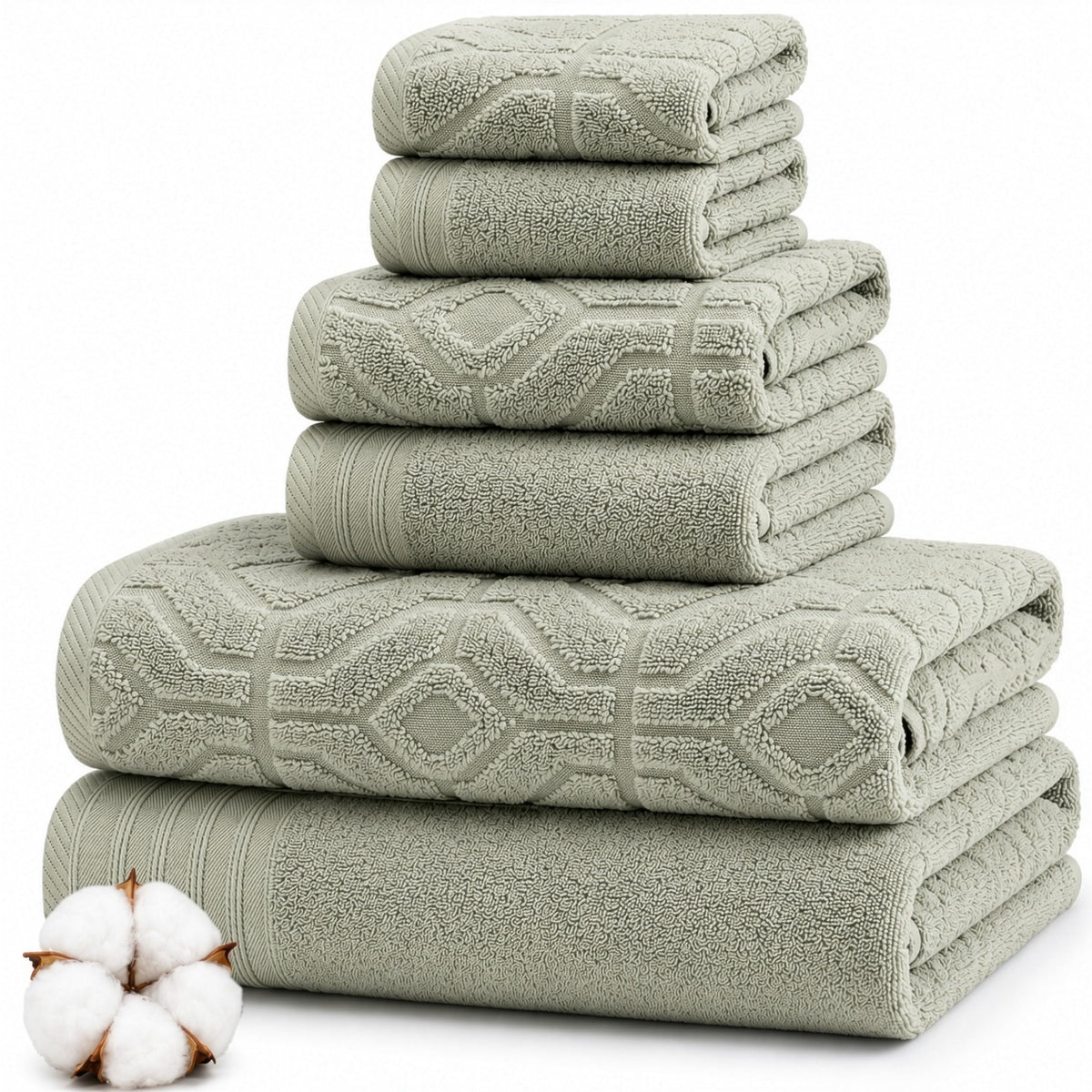 Modern Threads 6 Piece Bath Towel Set – Bathroom Towel Set with 2 Bath Towels, 2 Hand Towels & 2 Washcloths – 100% Cotton, Soft & Absorbent – Geometric (Soft Olive)