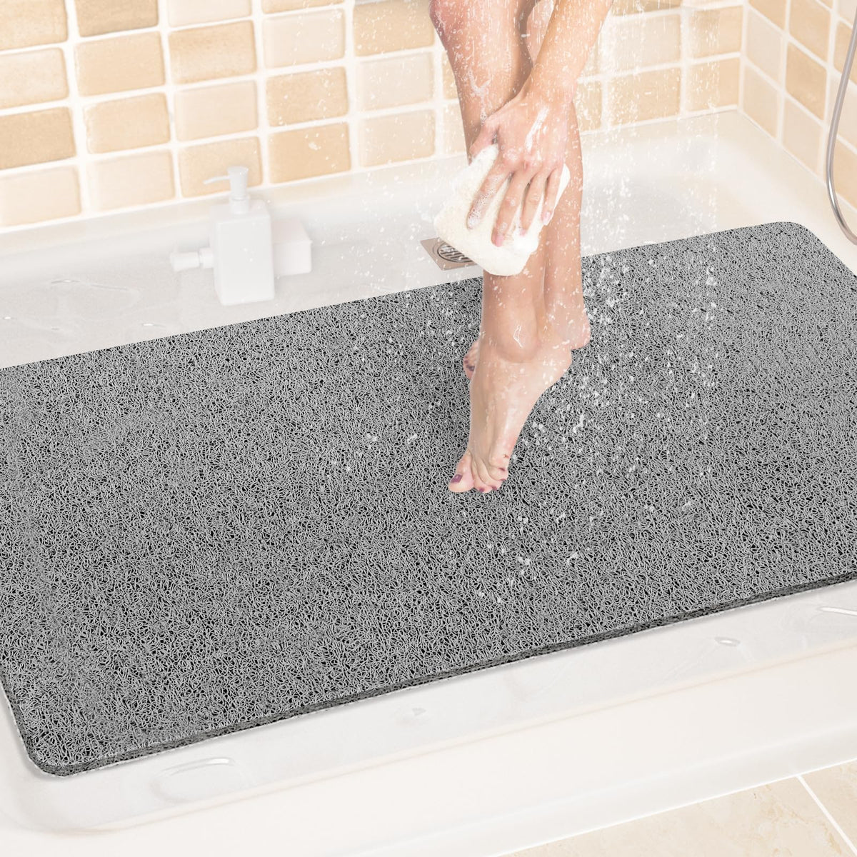 LuxStep Shower Mat Bathtub Mat,24x16 inch, Non-Slip Bath Mat with Drain, Quick Drying PVC Loofah Bathmat for Tub,Shower,Bathroom (Phthalate Free,Grey)