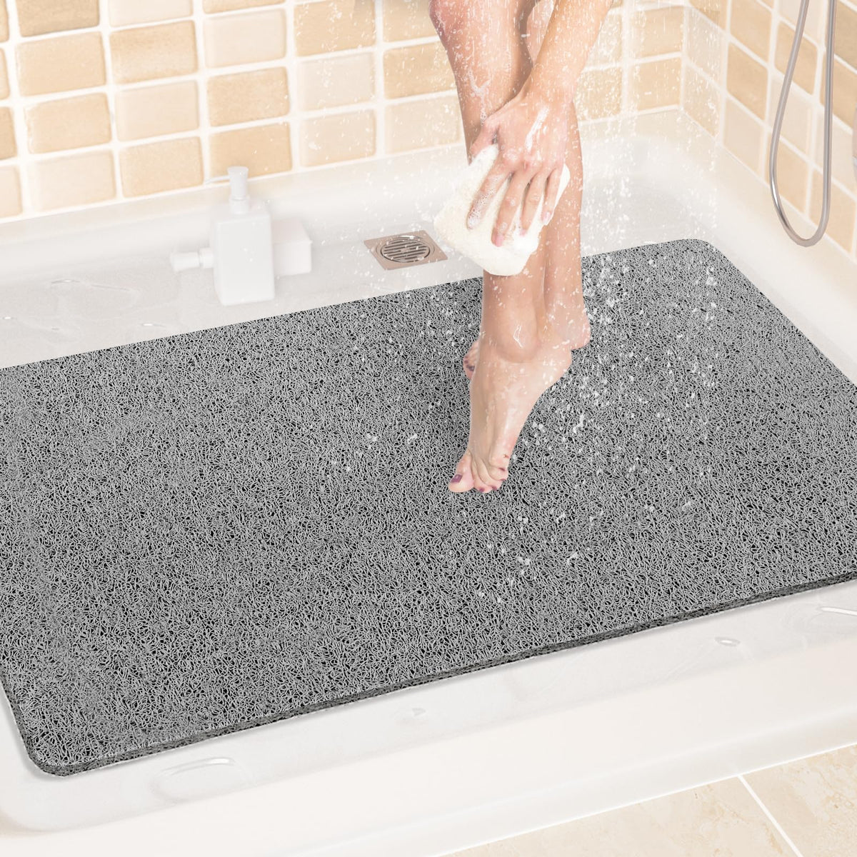LuxStep Shower Mat Bathtub Mat,24x16 inch, Non-Slip Bath Mat with Drain, Quick Drying PVC Loofah Bathmat for Tub,Shower,Bathroom (Phthalate Free,Grey)