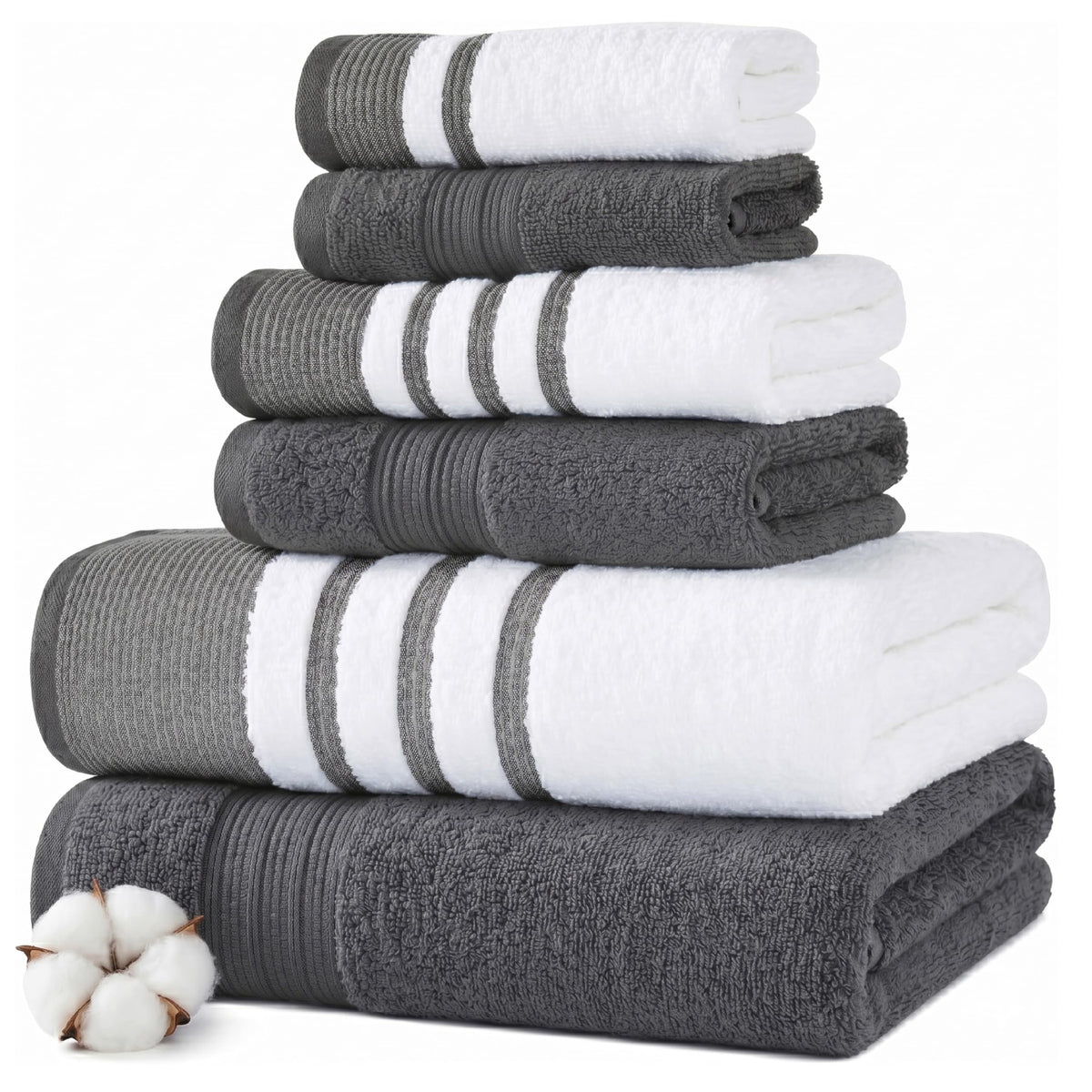 Modern Threads 6 Piece Bath Towel Set – Bathroom Towel Set with 2 Bath Towels, 2 Hand Towels & 2 Washcloths – 100% Cotton, Soft & Absorbent – Jacquard Border (Gray)