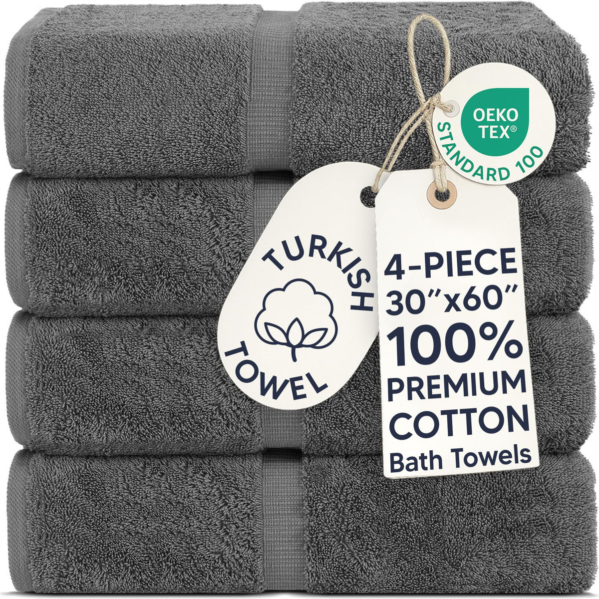 Chakir Turkish Linens 100% Cotton 4-Pack Bath Towels 27x54, Gray