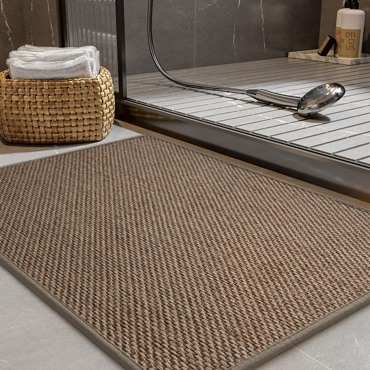 PADOOR Non-Slip Bath Mat With Rubber-Backing, Braided Absorbent Machine Washable Thin Rug for Bathroom Floor, Quick Dry, Fits Under Door, 17''x24'' Beige