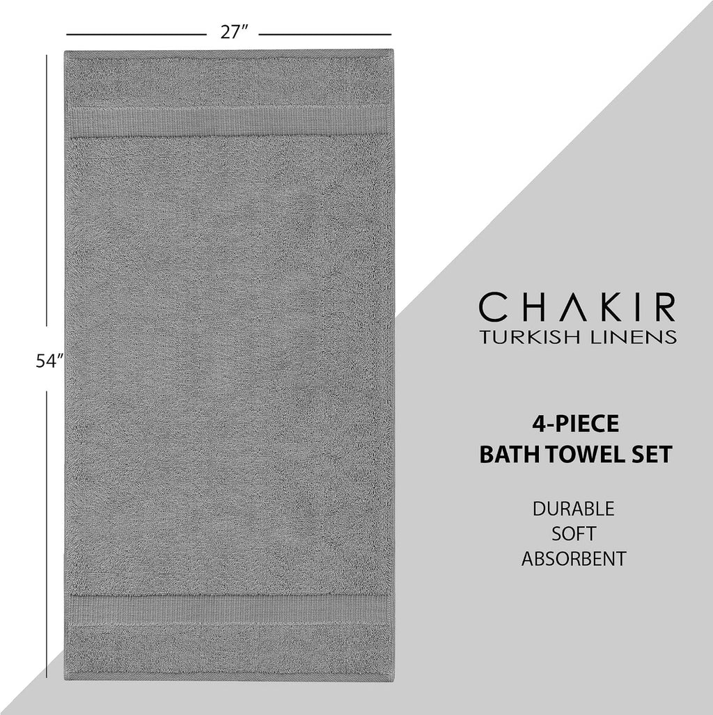 Chakir Turkish Linens 100% Cotton 4-Pack Bath Towels 27x54, Gray