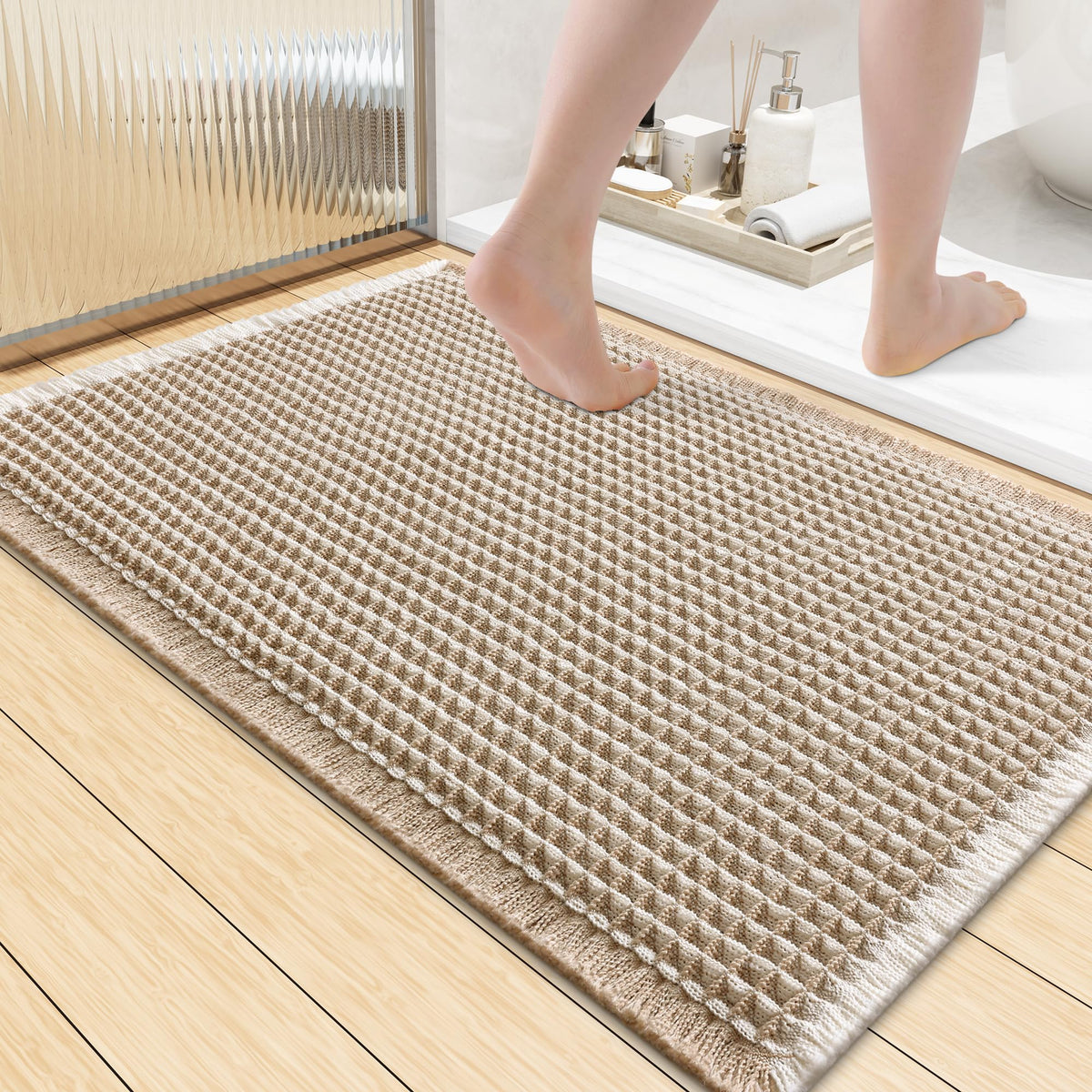 Smiry Waffle Bath Mat 30X20, Extra Soft Absorbent Bathroom Rugs, Brown
