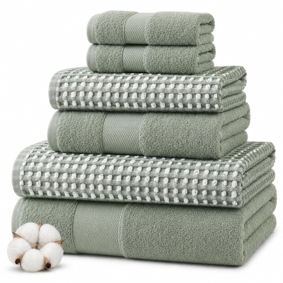 Modern Threads 6 Piece Bath Towel Set – Bathroom Towel Set with 2 Bath Towels, 2 Hand Towels & 2 Washcloths – 100% Cotton, Soft & Absorbent – Geometric (Soft Olive)