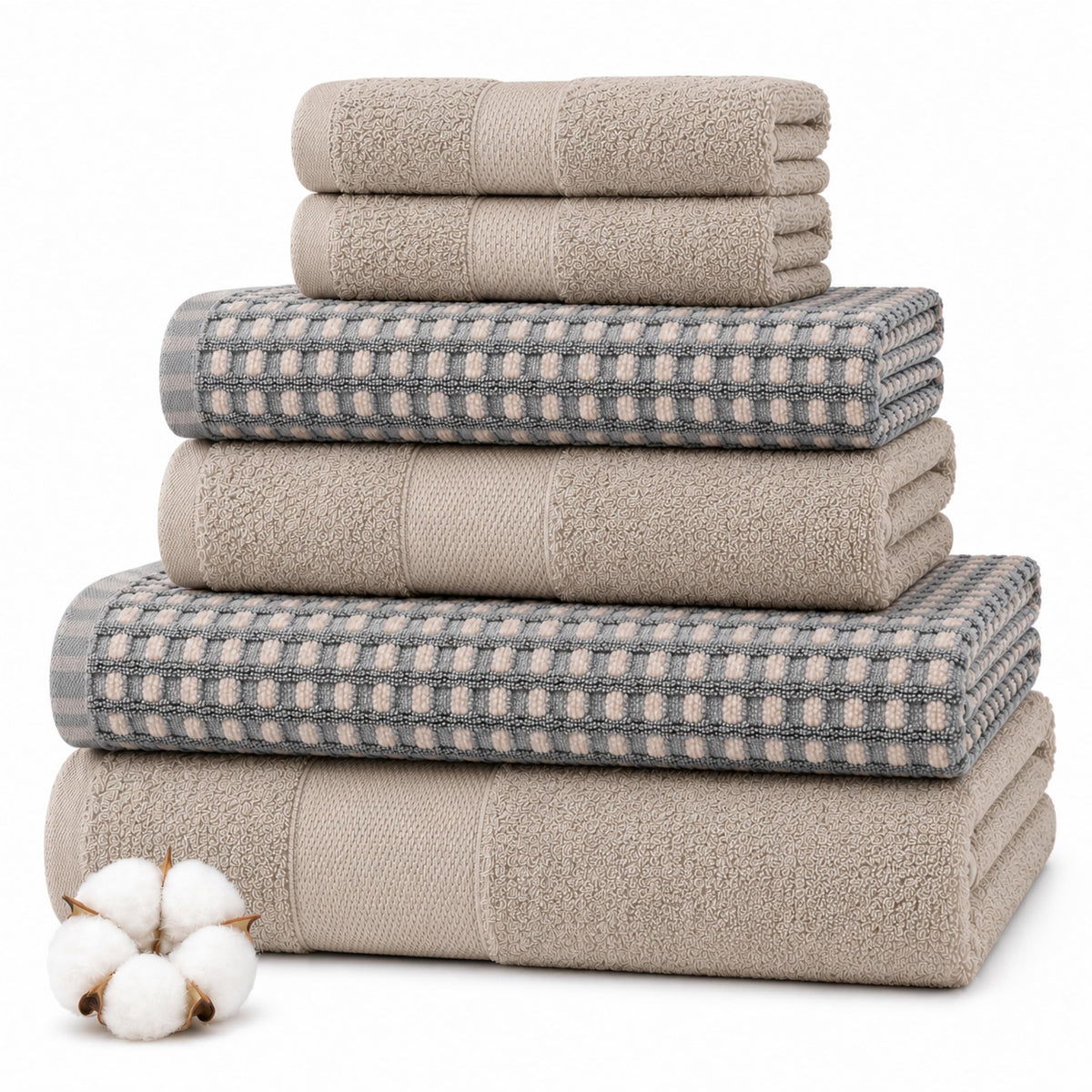 Modern Threads 6 Piece Bath Towel Set – Bathroom Towel Set with 2 Bath Towels, 2 Hand Towels & 2 Washcloths – 100% Cotton, Soft & Absorbent – Geometric (Soft Olive)
