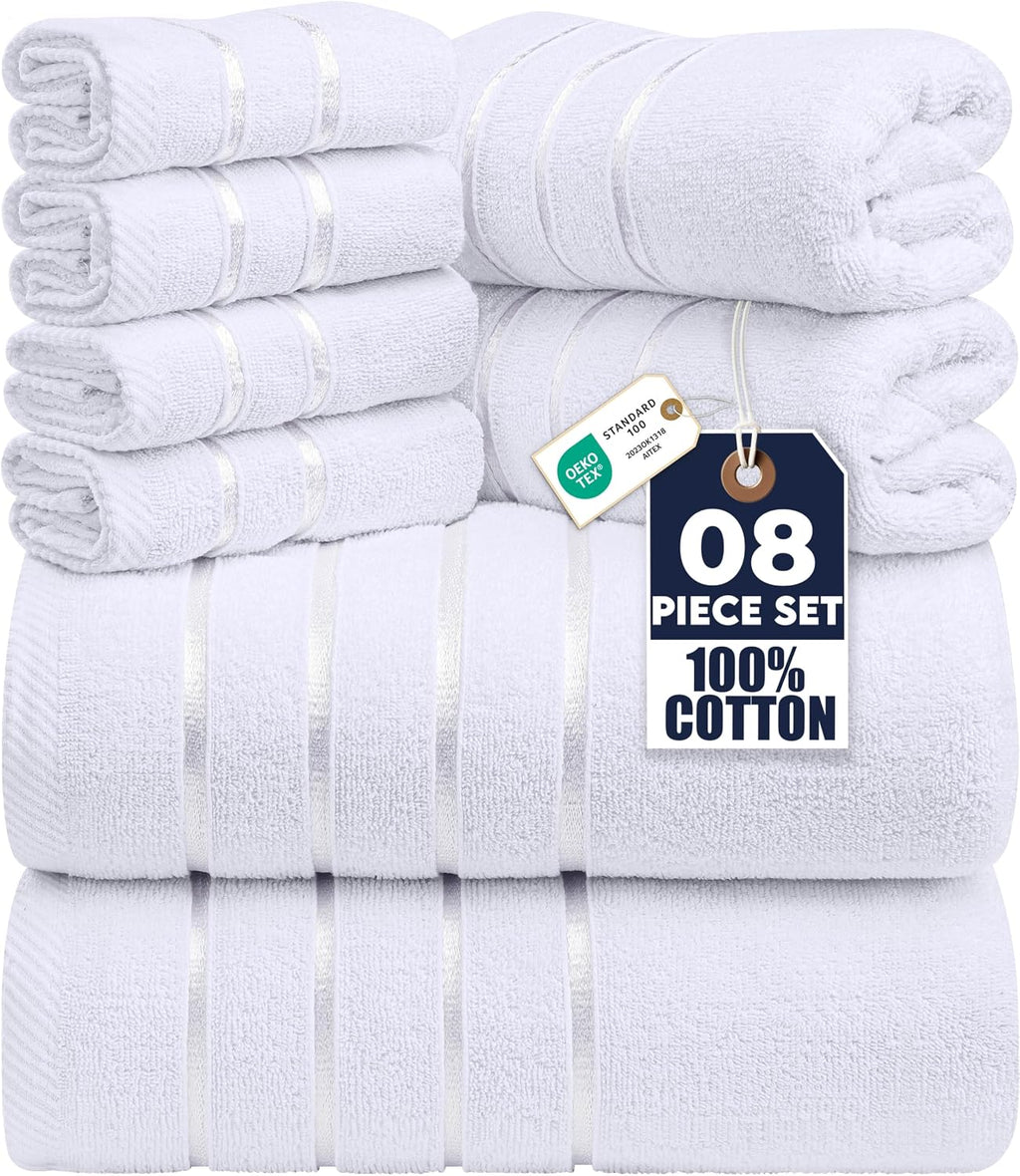 Utopia Towels 8 Piece Luxury Towel Set, 600 GSM, Viscose Stripe, White