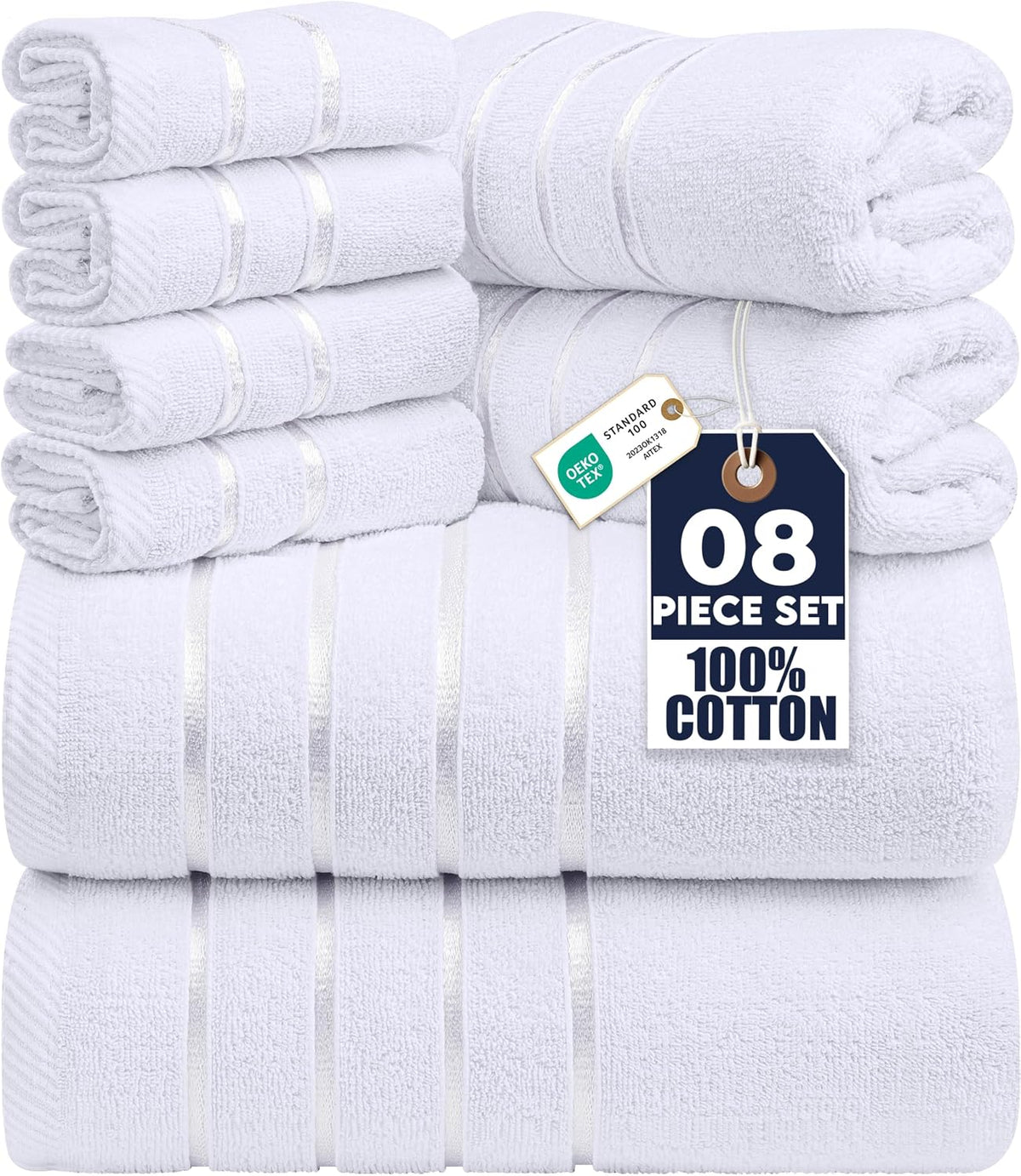 Utopia Towels 8 Piece Luxury Towel Set, 600 GSM, Viscose Stripe, White