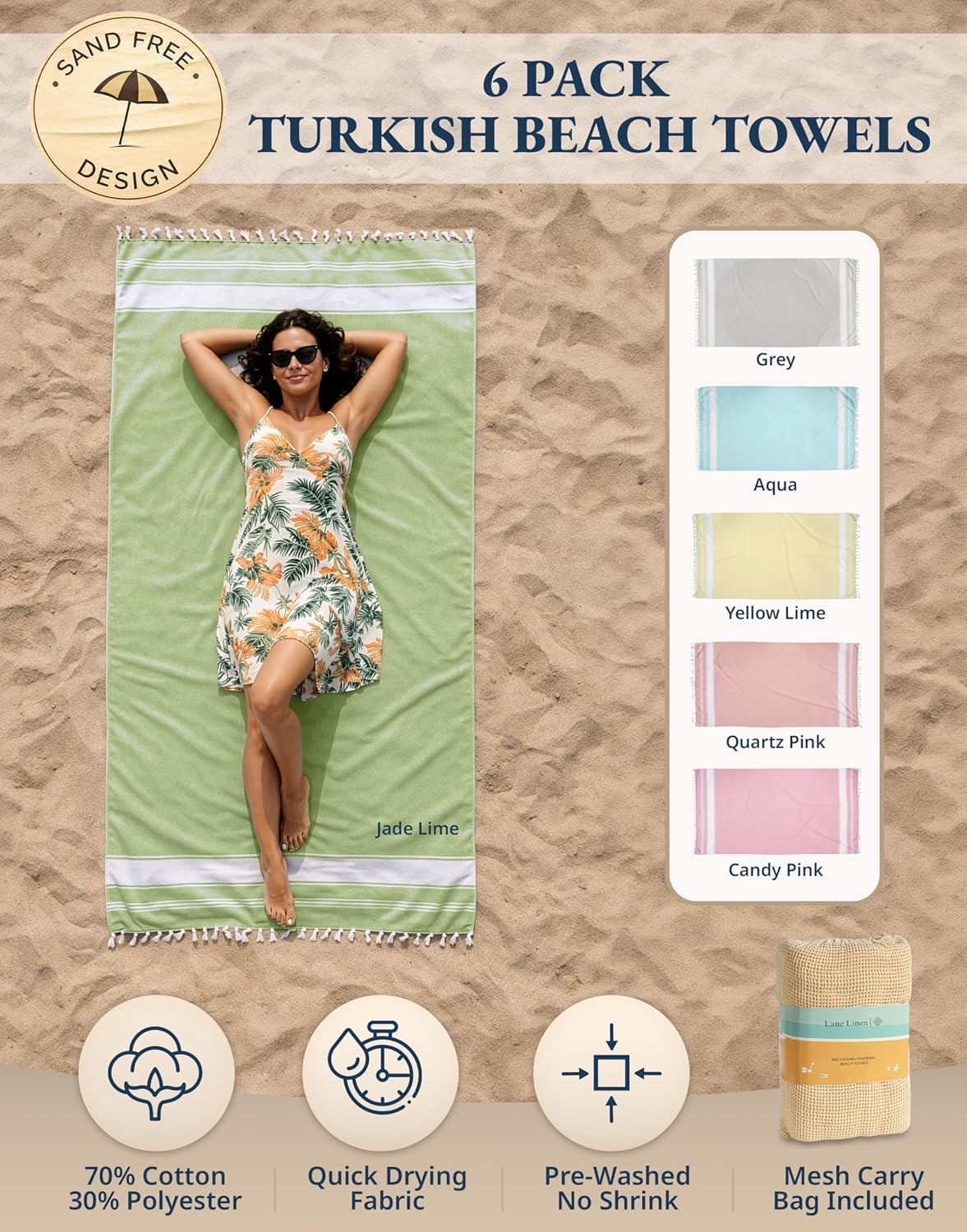 LANE LINEN Turkish Towels 6 Pcs, Beach Towels Oversized, Soft - Beach Party