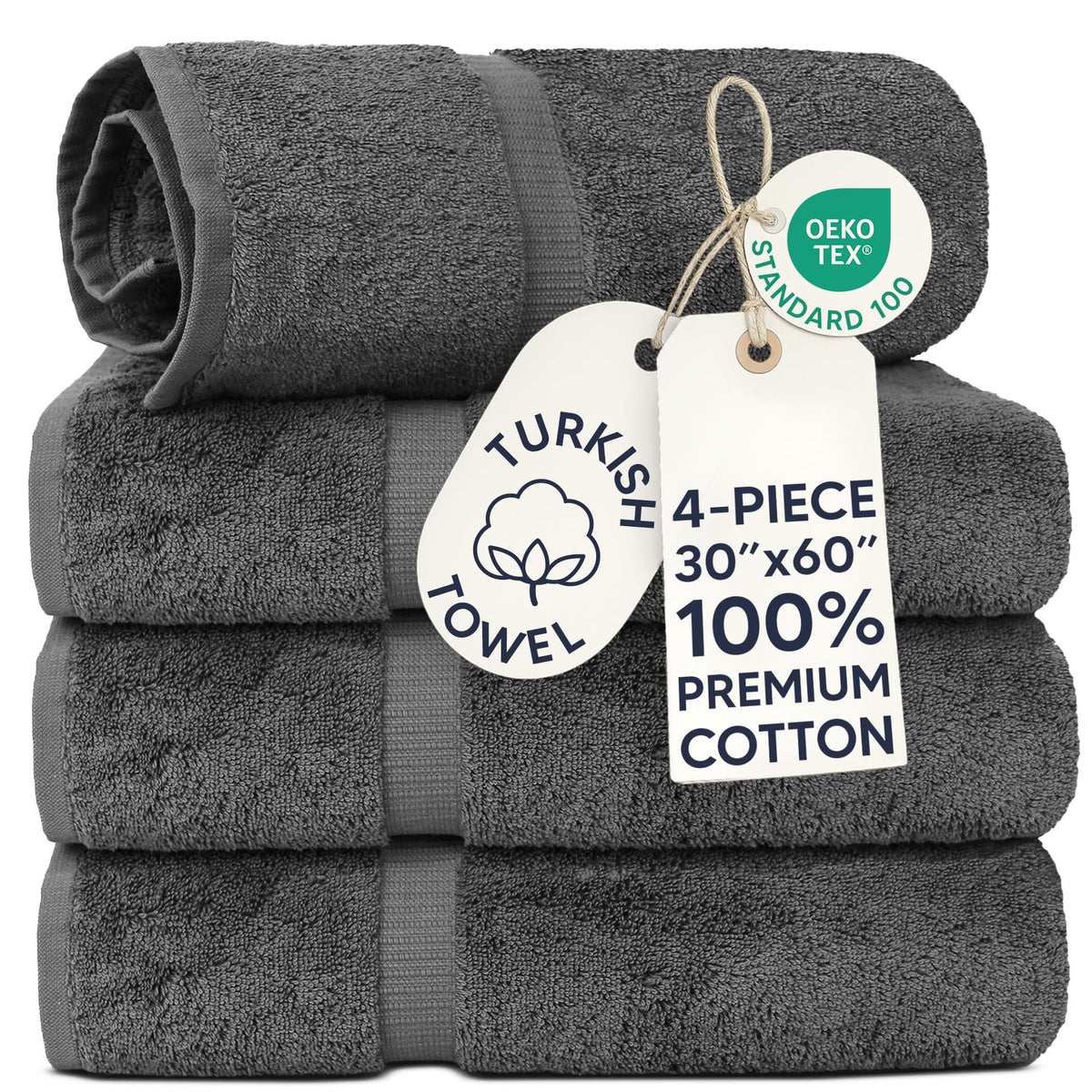 Chakir Turkish Linens 100% Cotton 4-Pack Bath Towels 27x54, Gray
