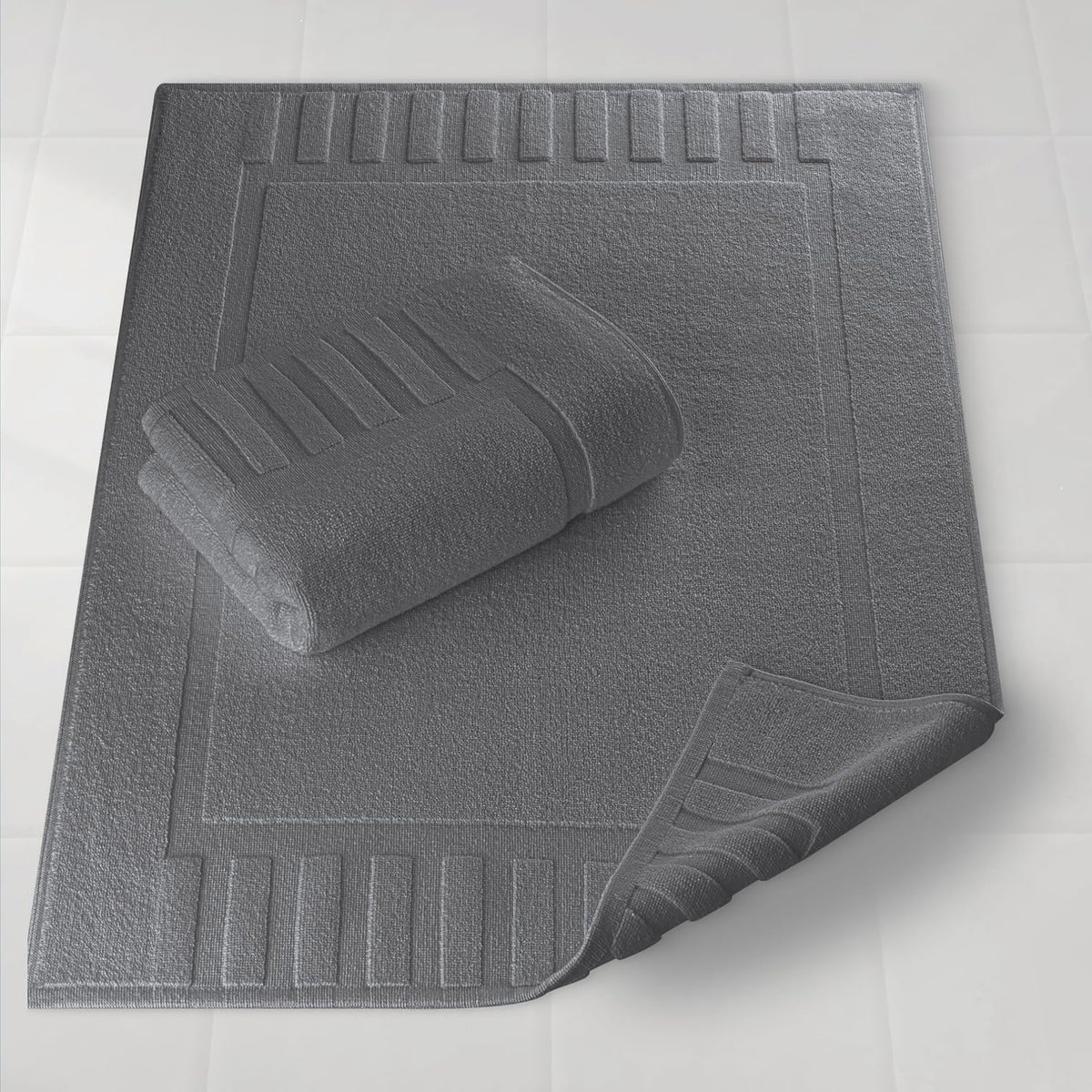 White Classic Luxury Bath Mat Floor Towel Set - Absorbent Cotton Hotel Spa Shower/Bathtub Mats [Not a Bathroom Rug] 22"x34" | 2 Pack | Dark Gray