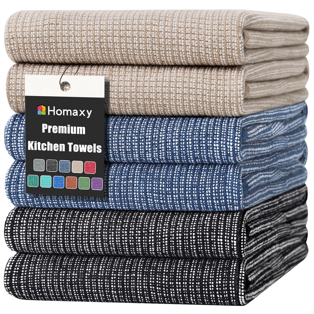 Homaxy 380 GSM Cotton Premium Kitchen Towels 6 Pack, 18"x 28", Khaki