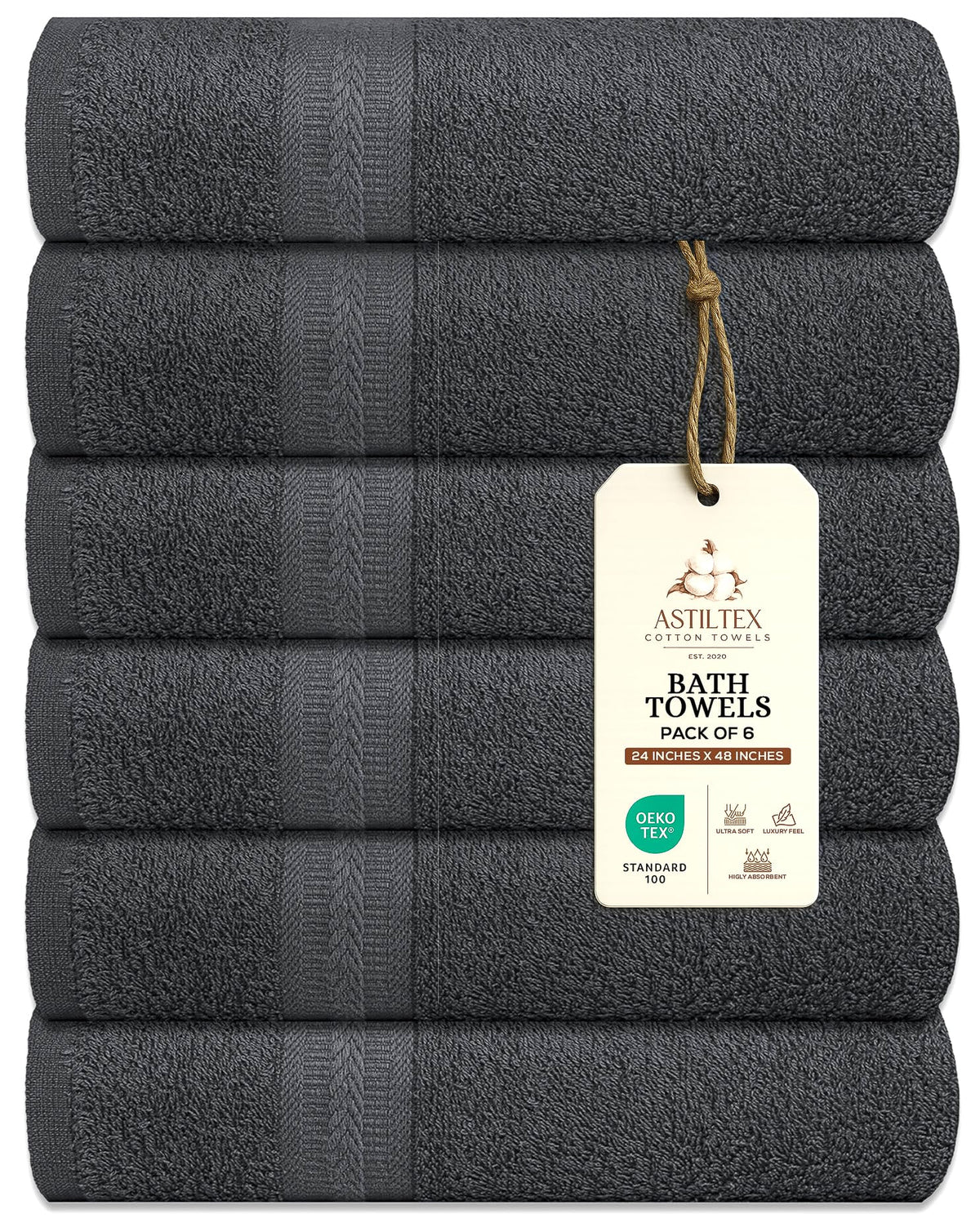 Bath Towels Pack of 6 – 24" x 48" – 100% Cotton Terry, Soft, Quick-Dry & Highly Absorbent – Black Towels for Bathroom, Spa, Gym, Hotel, Pool & Everyday Use