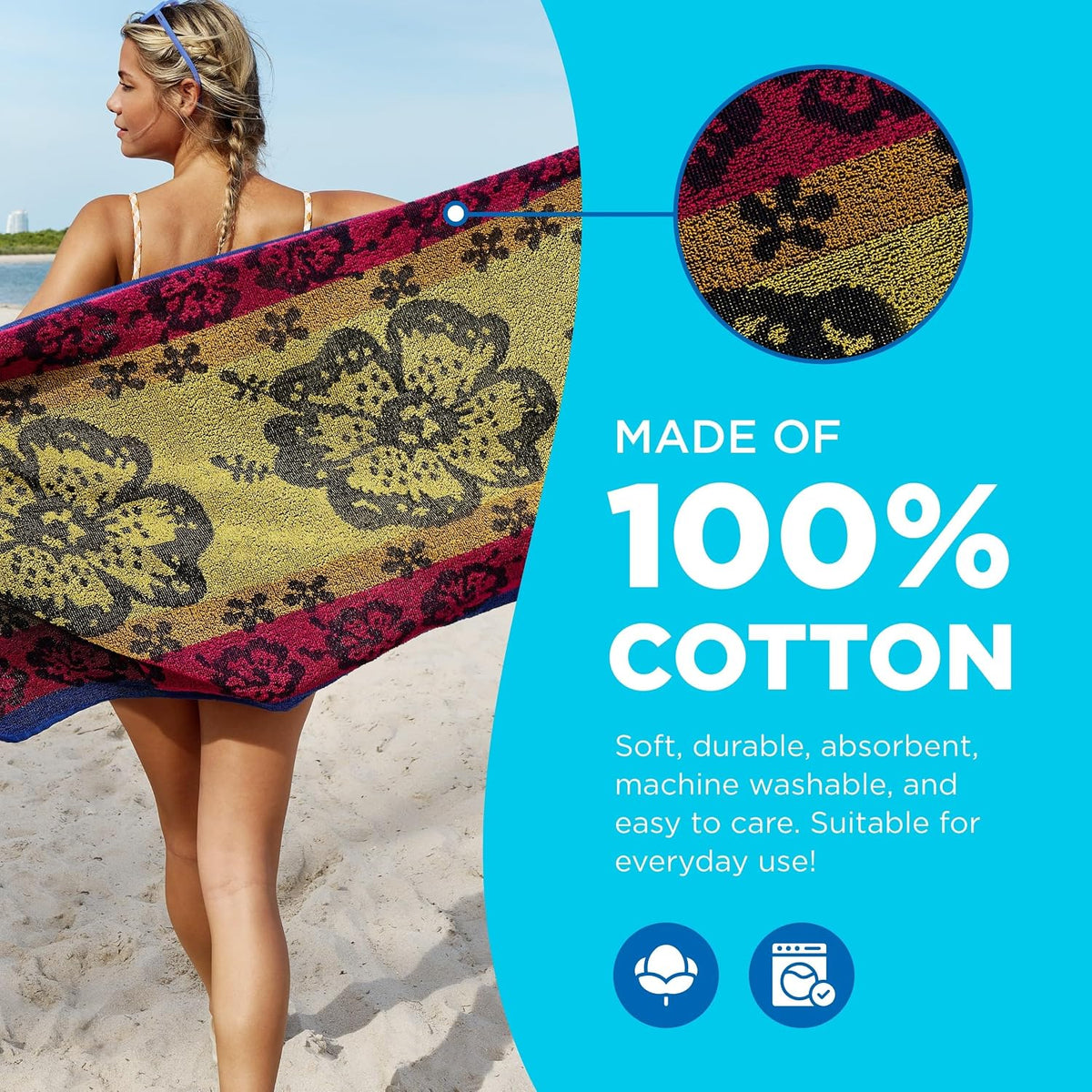 BEN KAUFMAN SALES CO Terry Beach & Pool Towel - Large Cotton Towels for Bath, Gym & More - Soft, Absorbent & Oversized Beach Towel Bundle - Multipack with Assorted Colors - 30” x 60” - Pack of 4