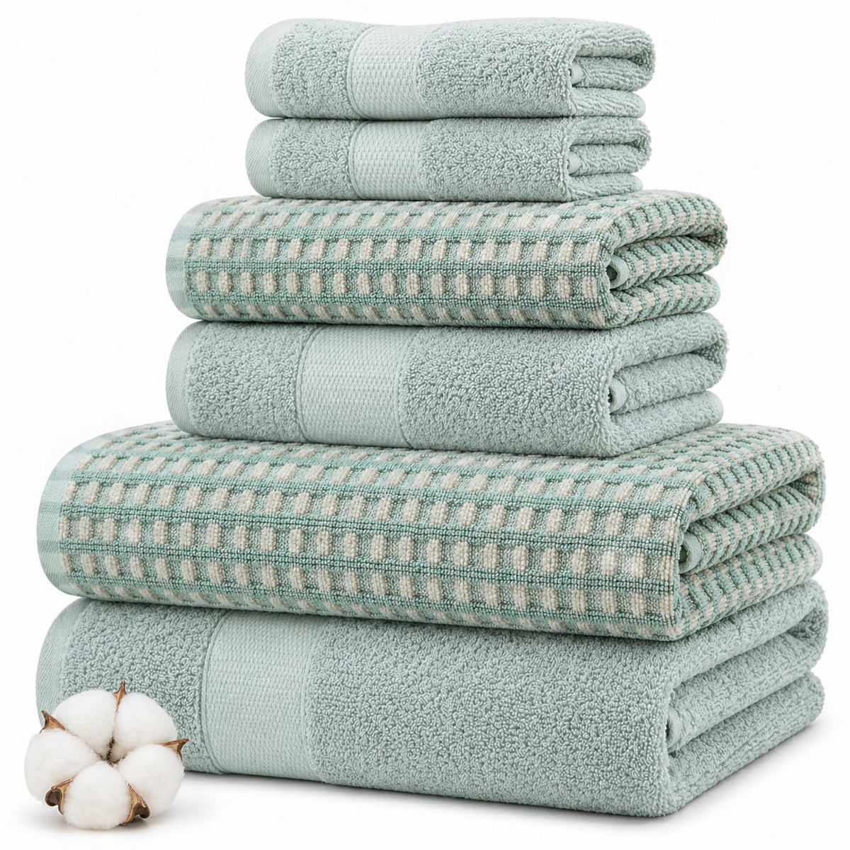 Modern Threads 6 Piece Bath Towel Set – Bathroom Towel Set with 2 Bath Towels, 2 Hand Towels & 2 Washcloths – 100% Cotton, Soft & Absorbent – Geometric (Soft Olive)