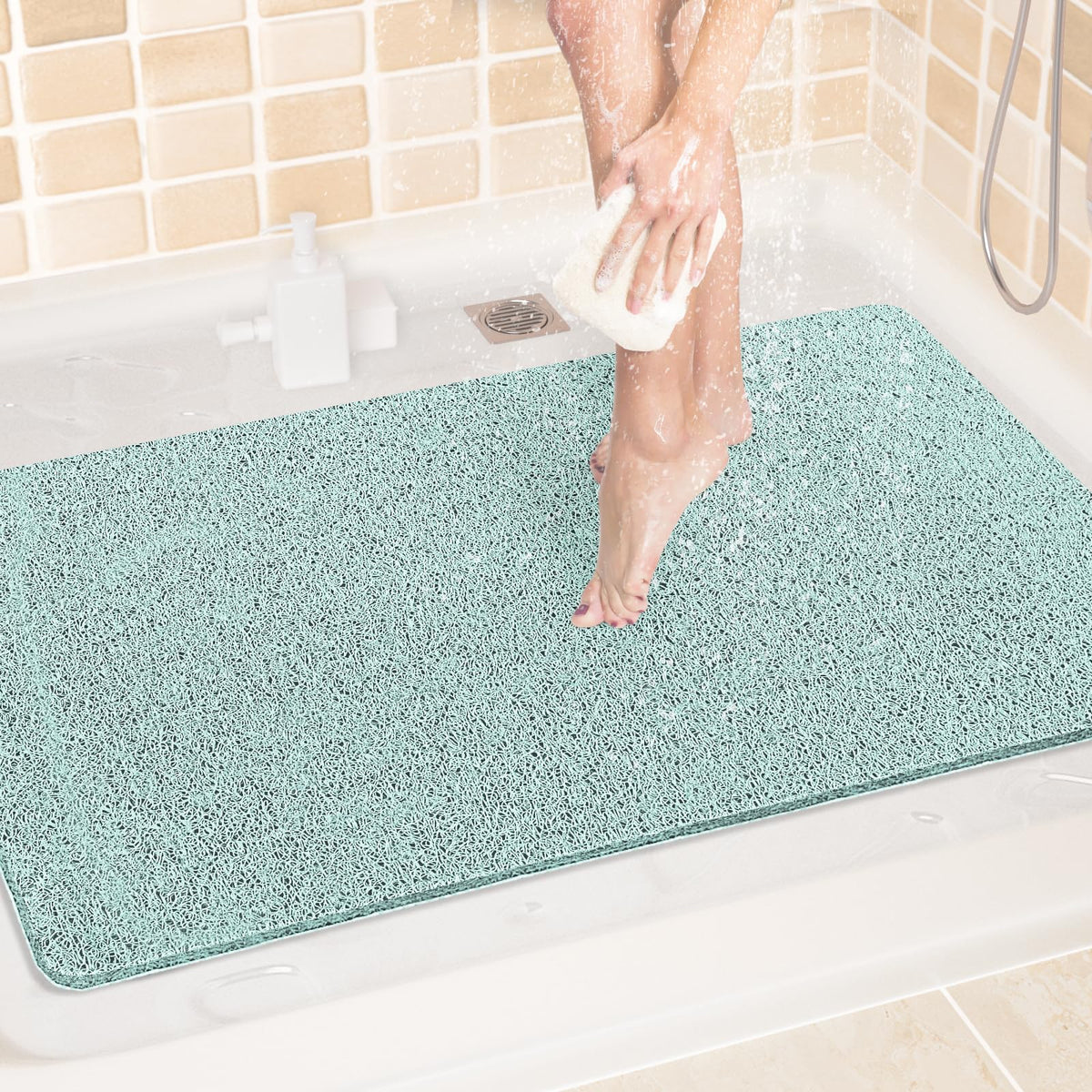 LuxStep Shower Mat Bathtub Mat,24x16 inch, Non-Slip Bath Mat with Drain, Quick Drying PVC Loofah Bathmat for Tub,Shower,Bathroom (Phthalate Free,Grey)