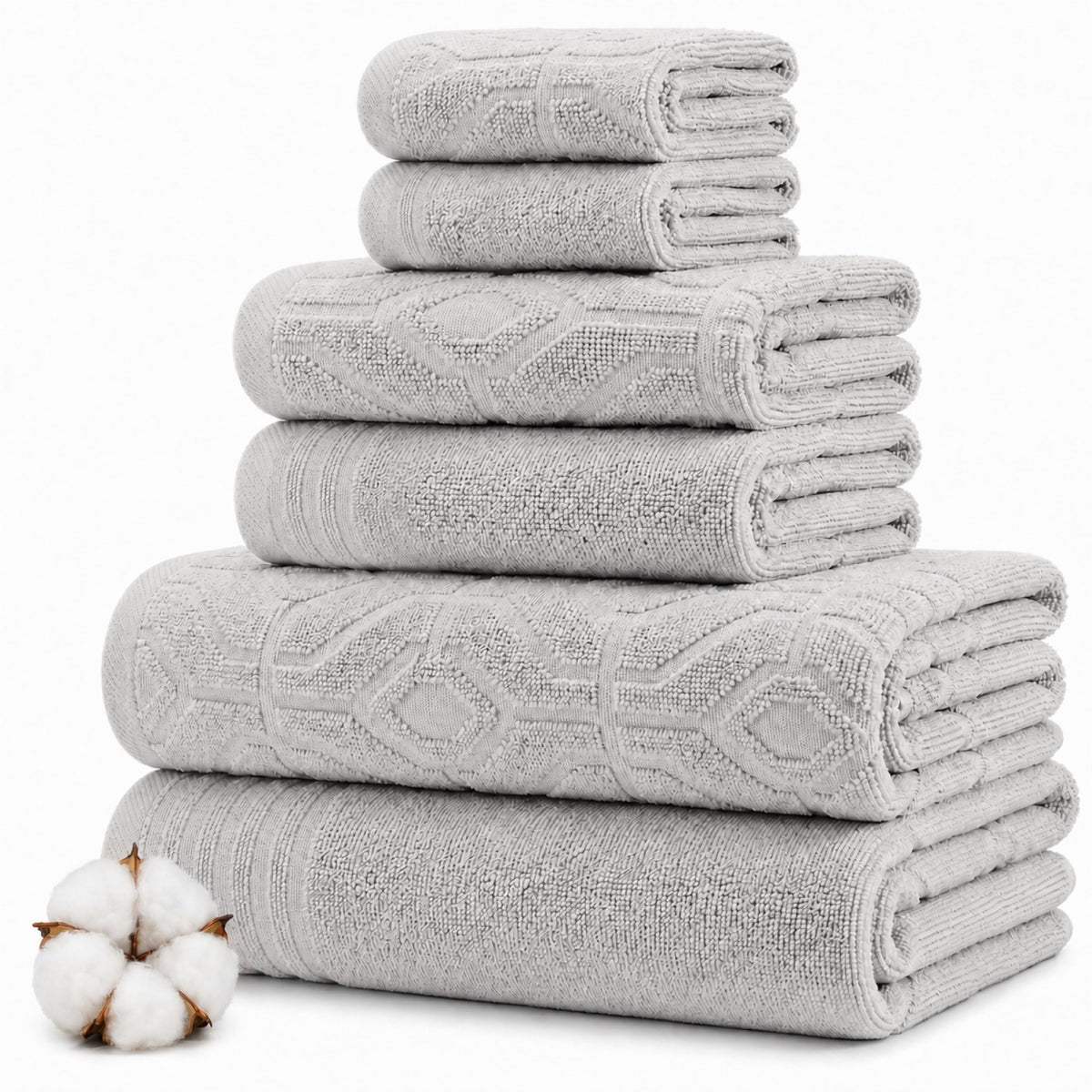 Modern Threads 6 Piece Bath Towel Set – Bathroom Towel Set with 2 Bath Towels, 2 Hand Towels & 2 Washcloths – 100% Cotton, Soft & Absorbent – Geometric (Soft Olive)