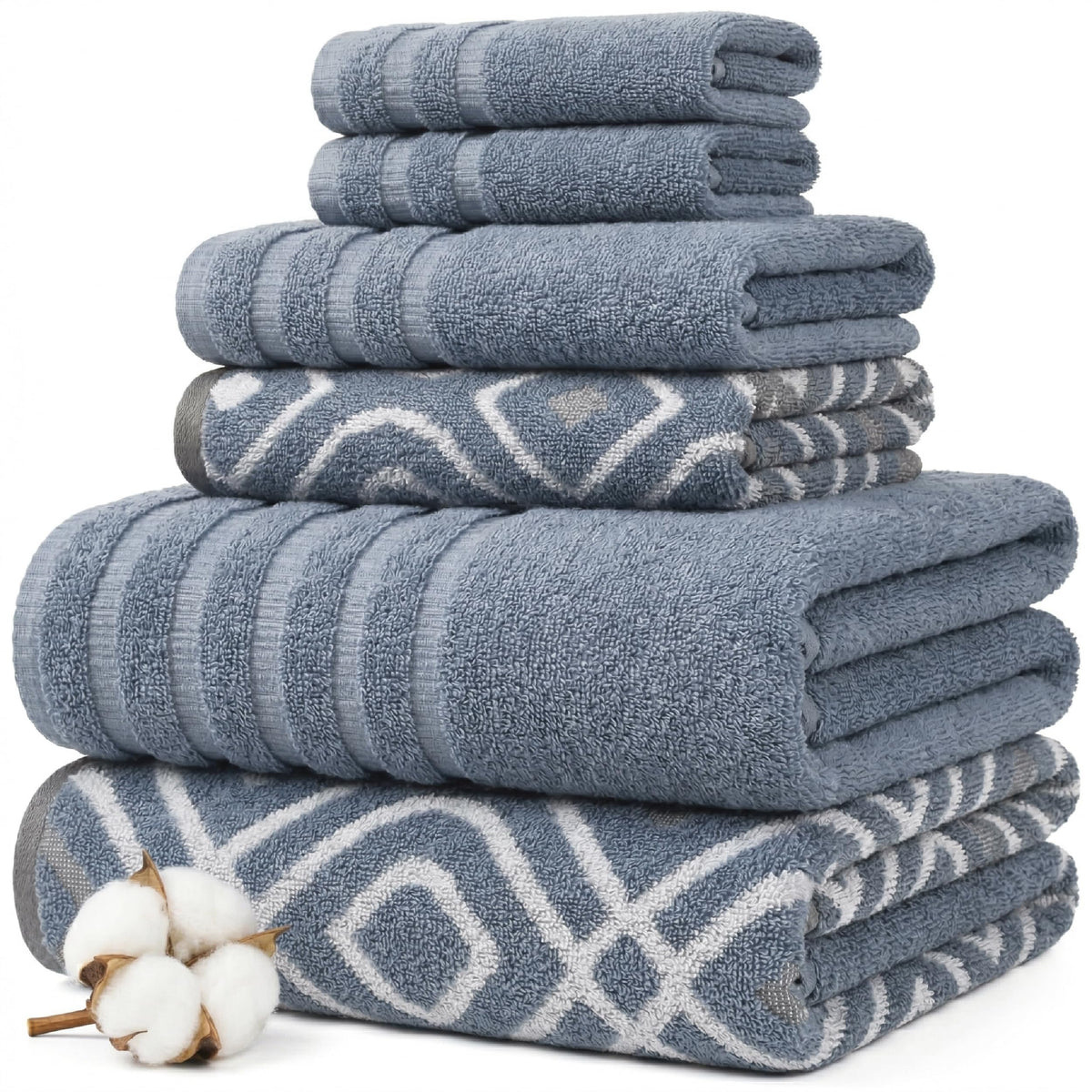 Modern Threads 6 Piece Bath Towel Set – Bathroom Set with 2 Bath Towels, 2 Hand Towels, and 2 Wash Cloths – 100% Cotton, Super Absorbent & Extra Soft – Reversible Classic Diamond (Aqua)
