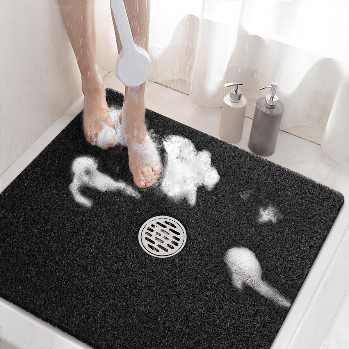 HITSLAM Square Shower Mat, 24 x 24 Inch Non Slip Bath Mat for Tub, Soft PVC Loofah Bathtub Mats with Drain Holes, Quick Drying Bathroom Stall Floor Mat, Bathroom Accessories Without Suction Cup, Grey