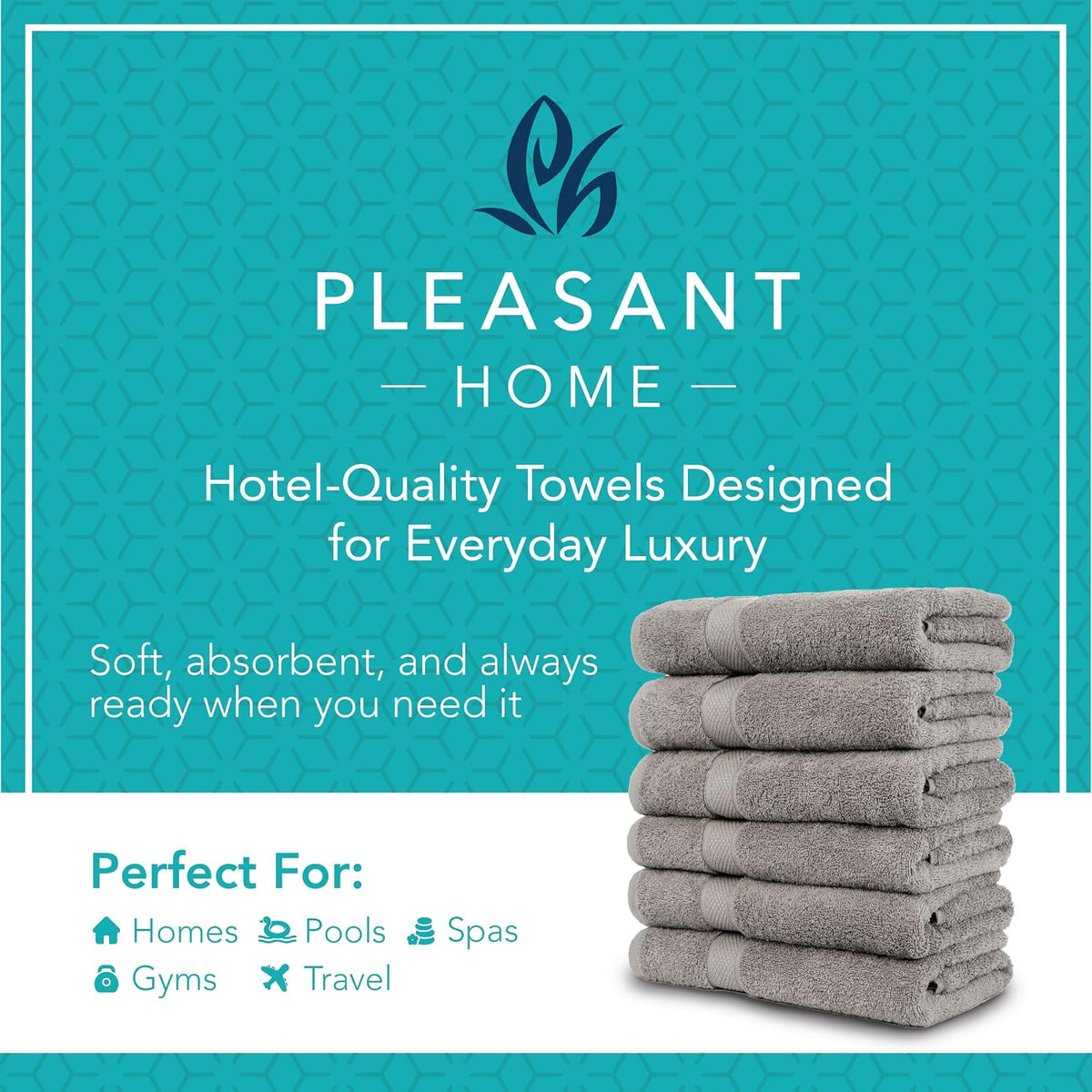 Pleasant Home Bath Towels Set of 6 (24” x 50”) 100% Cotton, Gray