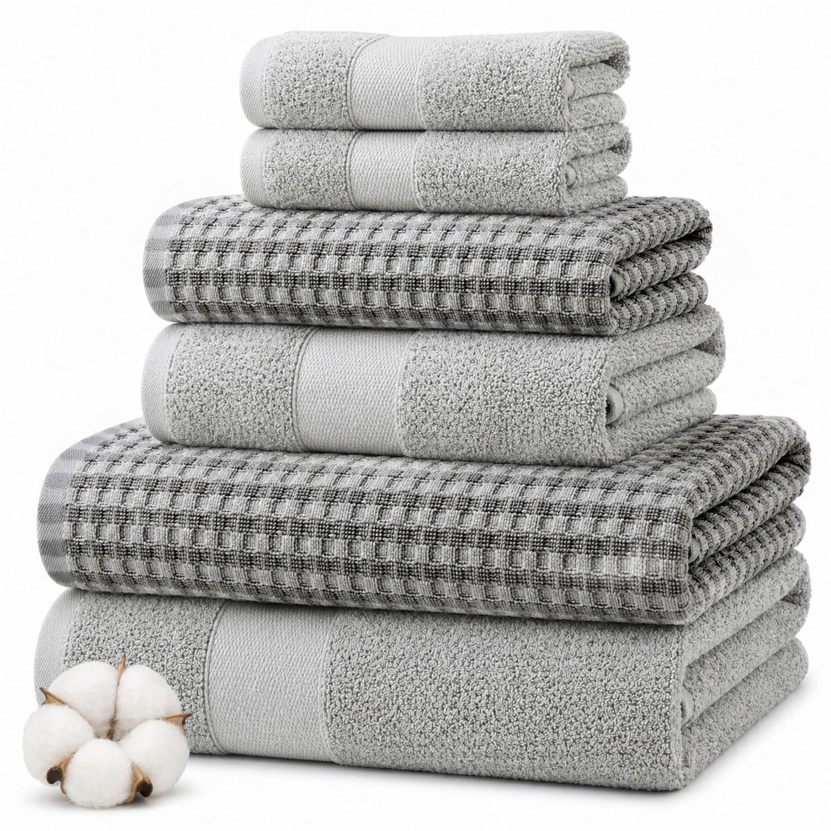 Modern Threads 6 Piece Bath Towel Set – Bathroom Towel Set with 2 Bath Towels, 2 Hand Towels & 2 Washcloths – 100% Cotton, Soft & Absorbent – Geometric (Soft Olive)