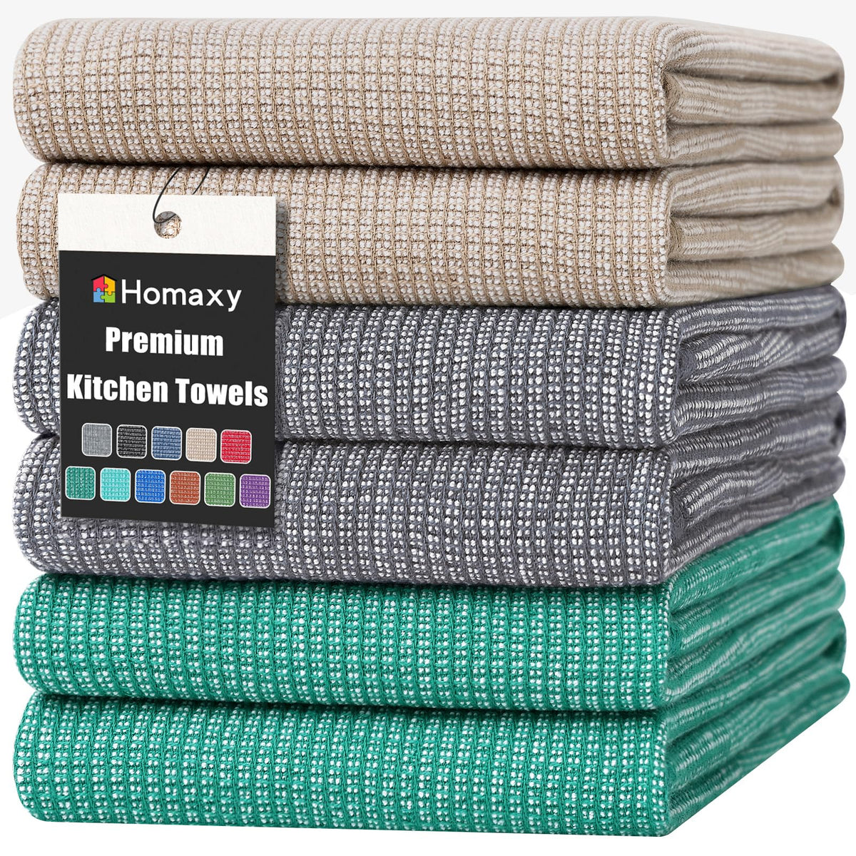Homaxy 380 GSM Cotton Premium Kitchen Towels 6 Pack, 18"x 28", Khaki