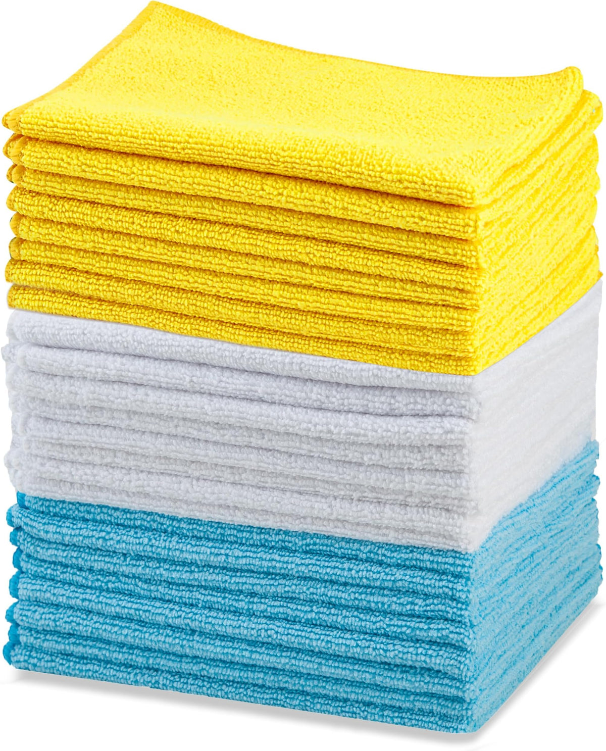 Amazon Basics Microfiber Cleaning Cloths for Cars, Non-Abrasive, Highly Absorbent, Lint and Scratch-Free, Reusable and Washable, Car Detailing Towels, 16" x 12", Blue/White/Yellow, 144-Pack