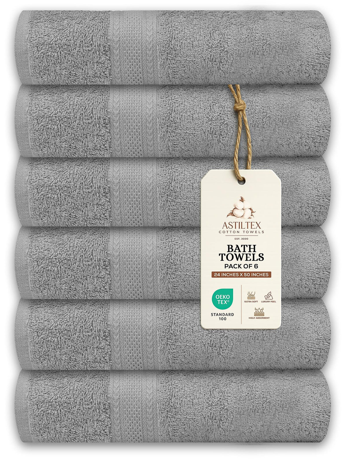 Bath Towels Pack of 6 – 24" x 48" – 100% Cotton Terry, Soft, Quick-Dry & Highly Absorbent – Black Towels for Bathroom, Spa, Gym, Hotel, Pool & Everyday Use