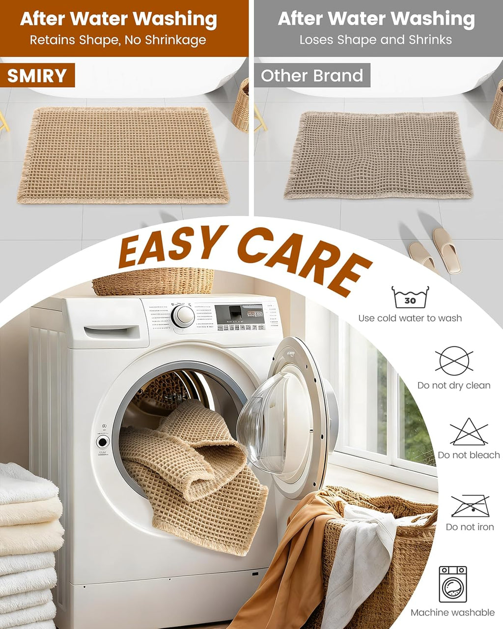Smiry Waffle Bath Mat 30X20, Extra Soft Absorbent Bathroom Rugs, Brown