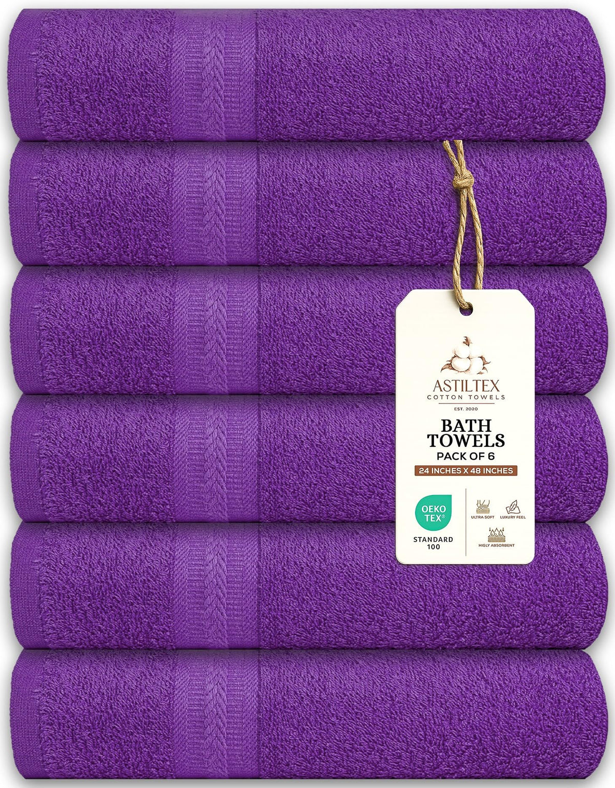 Bath Towels Pack of 6 – 24" x 48" – 100% Cotton Terry, Soft, Quick-Dry & Highly Absorbent – Black Towels for Bathroom, Spa, Gym, Hotel, Pool & Everyday Use