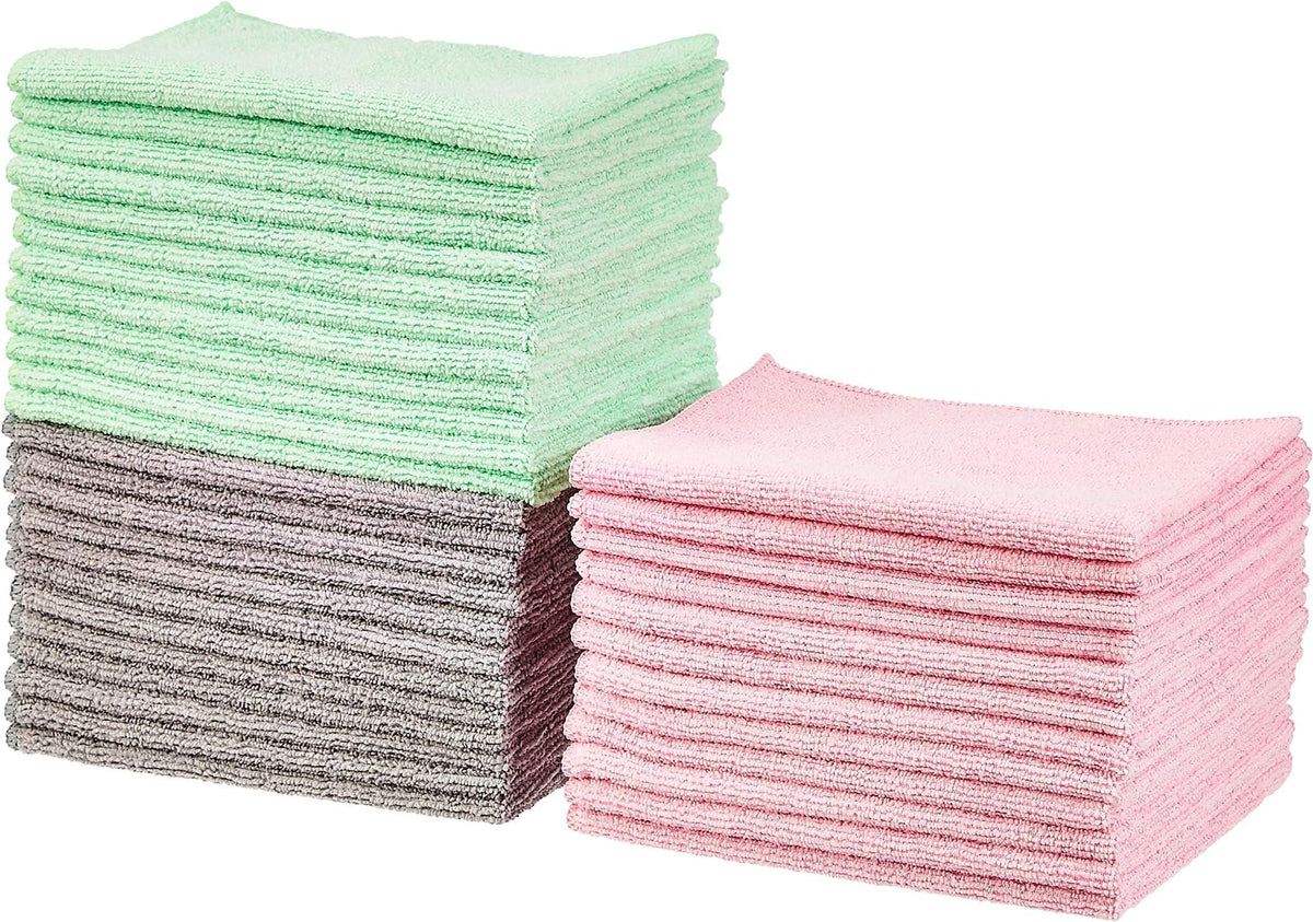 Amazon Basics Microfiber Cleaning Cloths for Cars, Non-Abrasive, Highly Absorbent, Lint and Scratch-Free, Reusable and Washable, Car Detailing Towels, 16" x 12", Blue/White/Yellow, 144-Pack