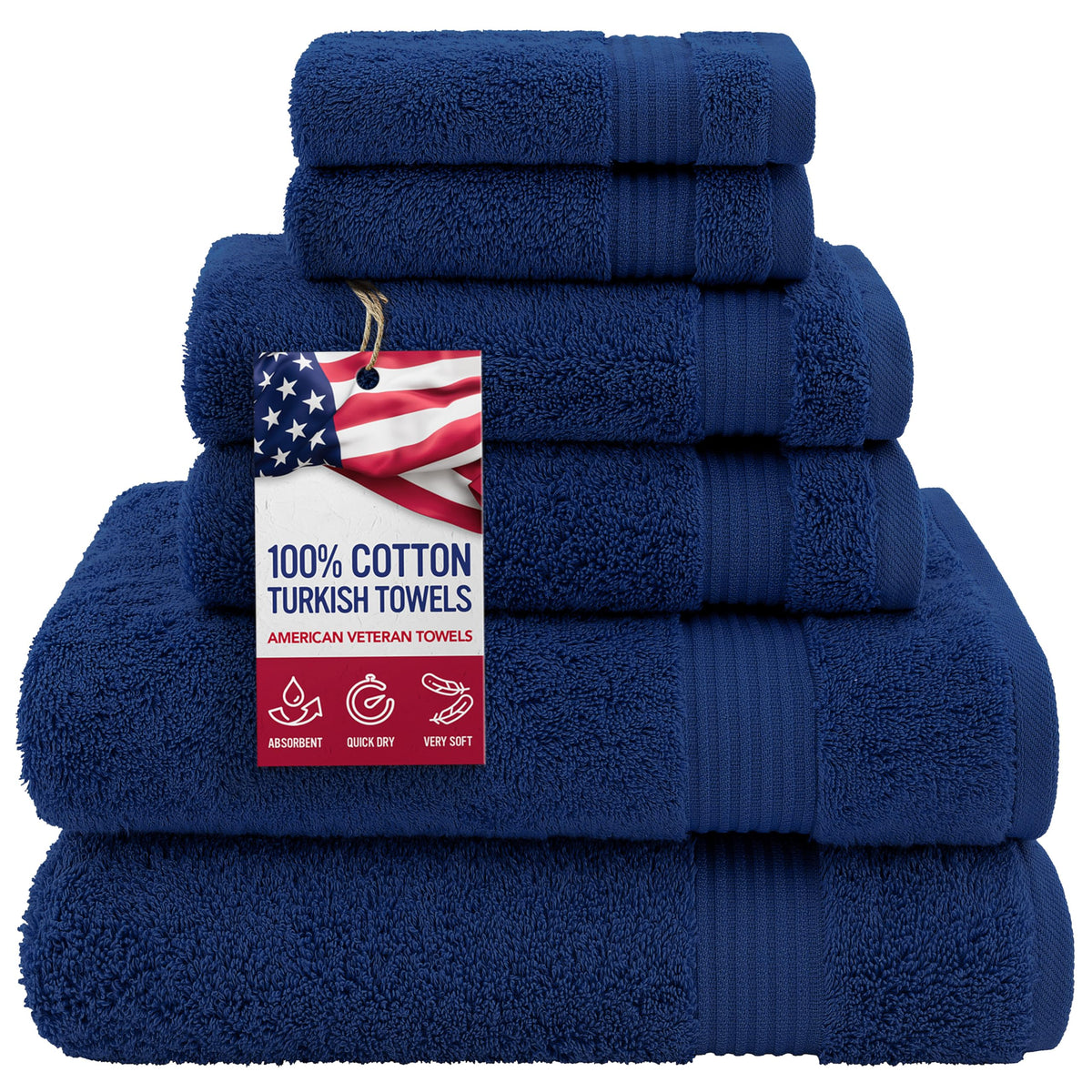 American Veteran Towel, 100% Cotton Turkish Bath Towels for Bathroom 4 Pack, 27x54 Extra Large Premium Soft Drying Bathroom Towels, Navy Blue