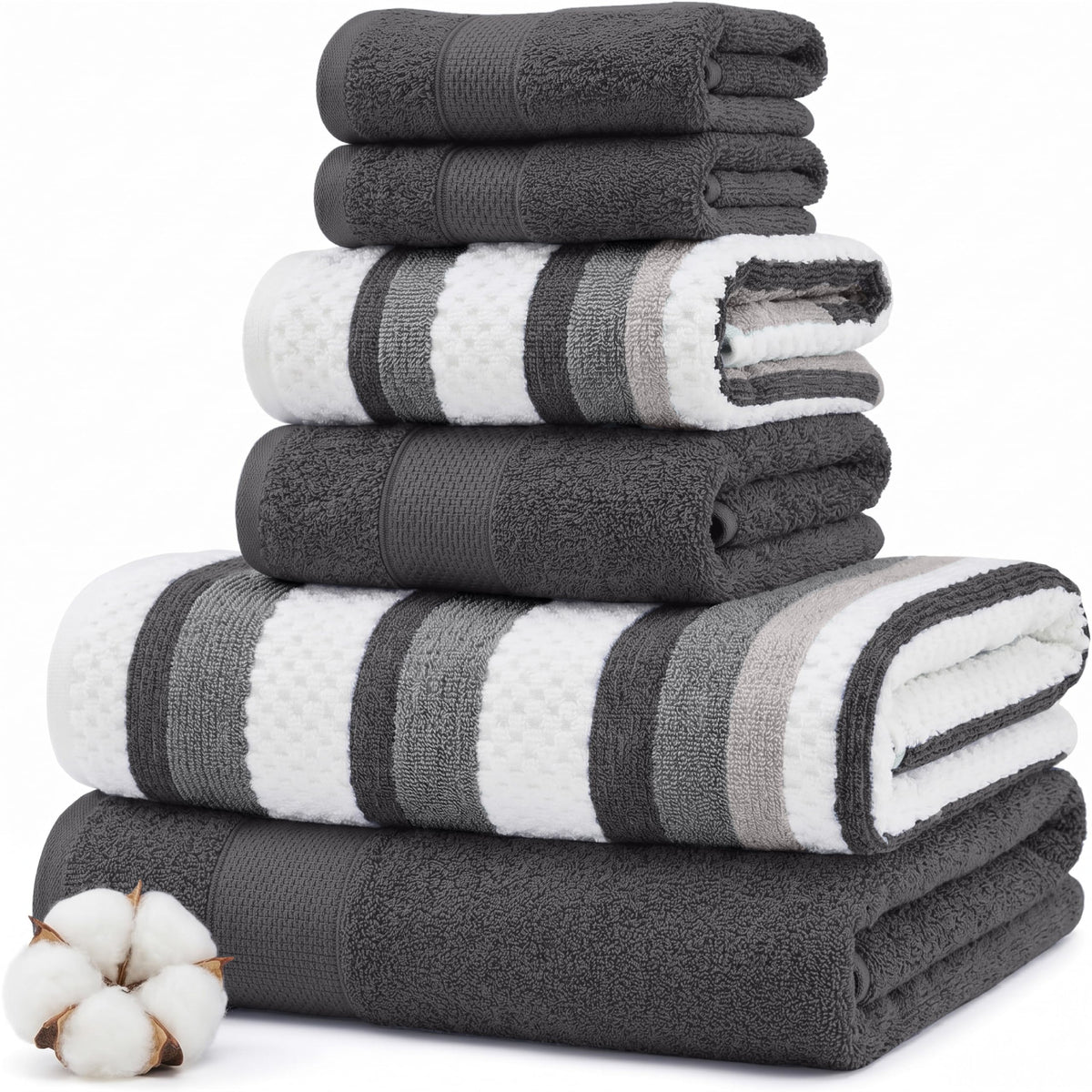 Modern Threads 6 Piece Bath Towel Set – Bathroom Towel Set with 2 Bath Towels, 2 Hand Towels & 2 Washcloths – 100% Cotton, Soft & Absorbent – Jacquard Border (Gray)