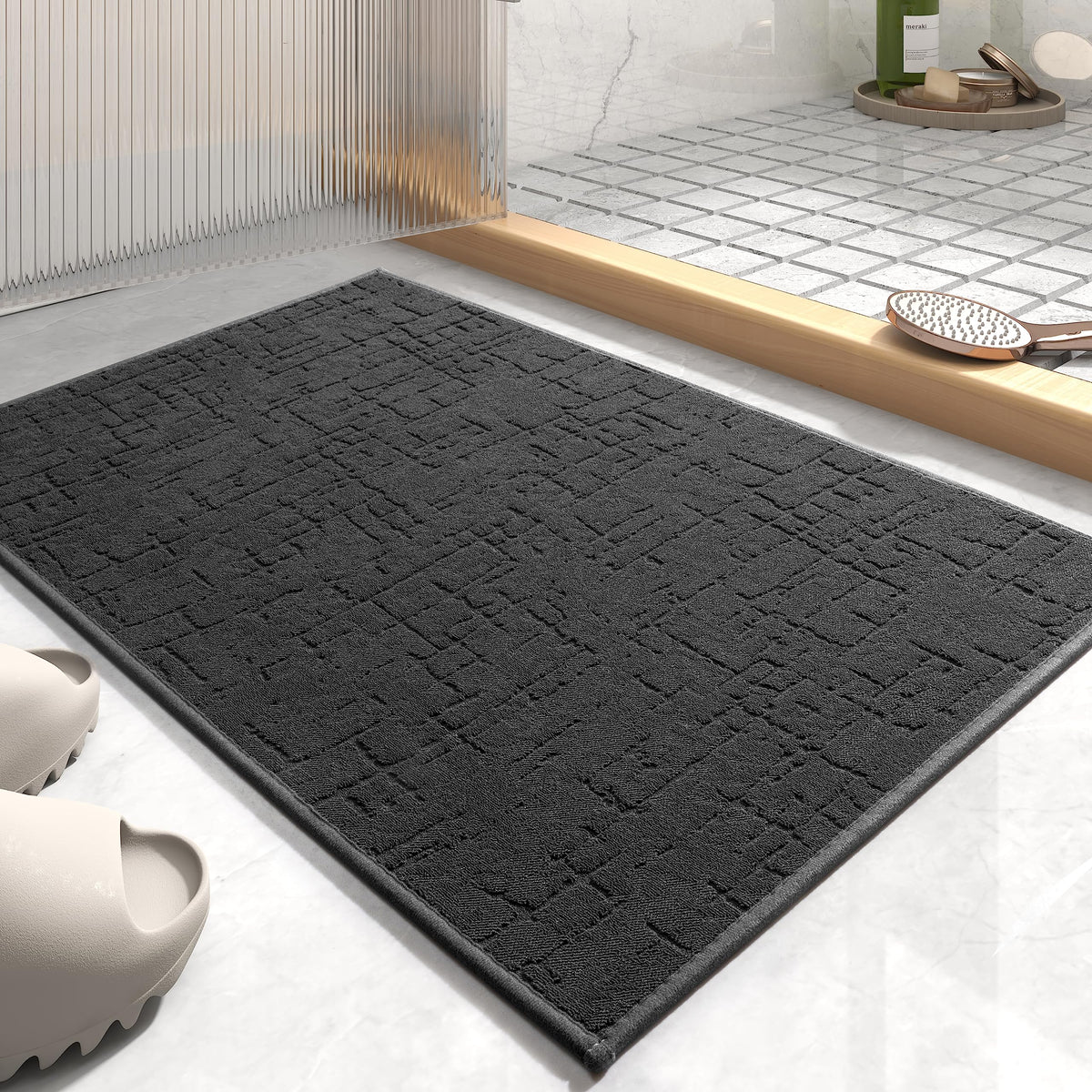 AMOAMI-Bath Mat-Absorbent Quick Dry Bathroom Floor Mats-Washable Rubber Backing Bath Mats for Bathroom Rugs Fit Under Door-Bath Rug for in Front of Sink Bathtub Shower Room, Grey 17''x24''