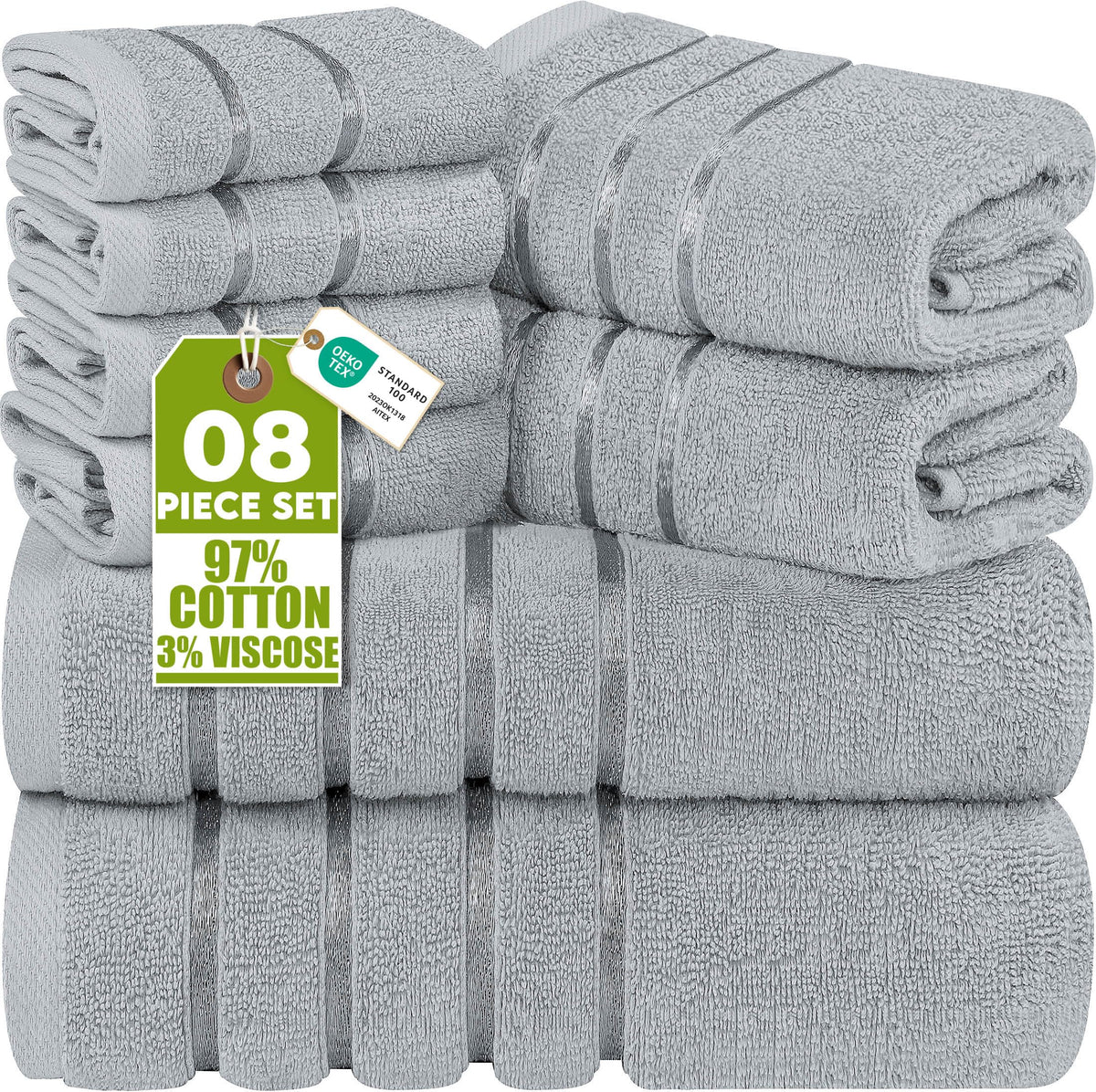 Utopia Towels 8 Piece Luxury Towel Set, 600 GSM, Viscose Stripe, White